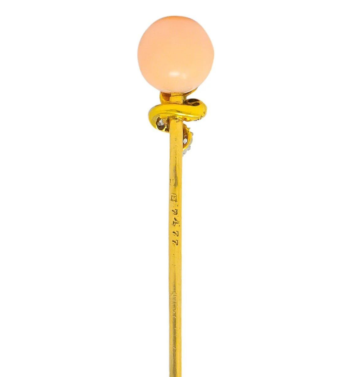 J.E. Caldwell Edwardian Pink Coral Diamond Platinum-Topped 14 Karat Gold Snake Stickpin - Image 3