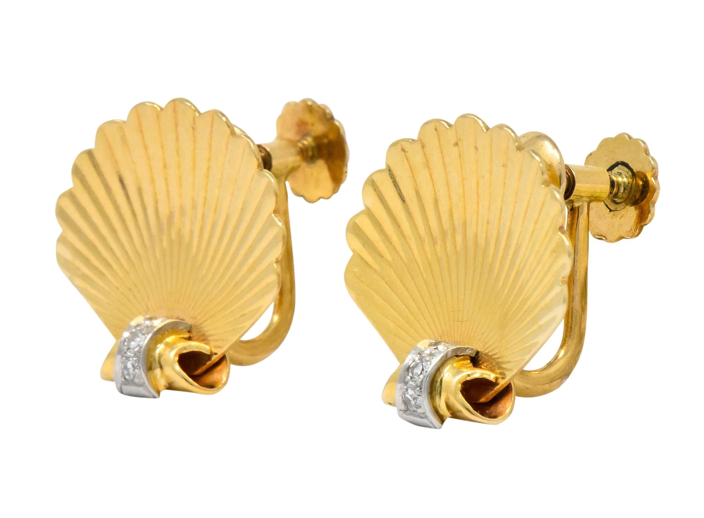 J.E. Caldwell Retro Diamond 14 Karat Gold Seashell Screw Back Earrings - Image 2