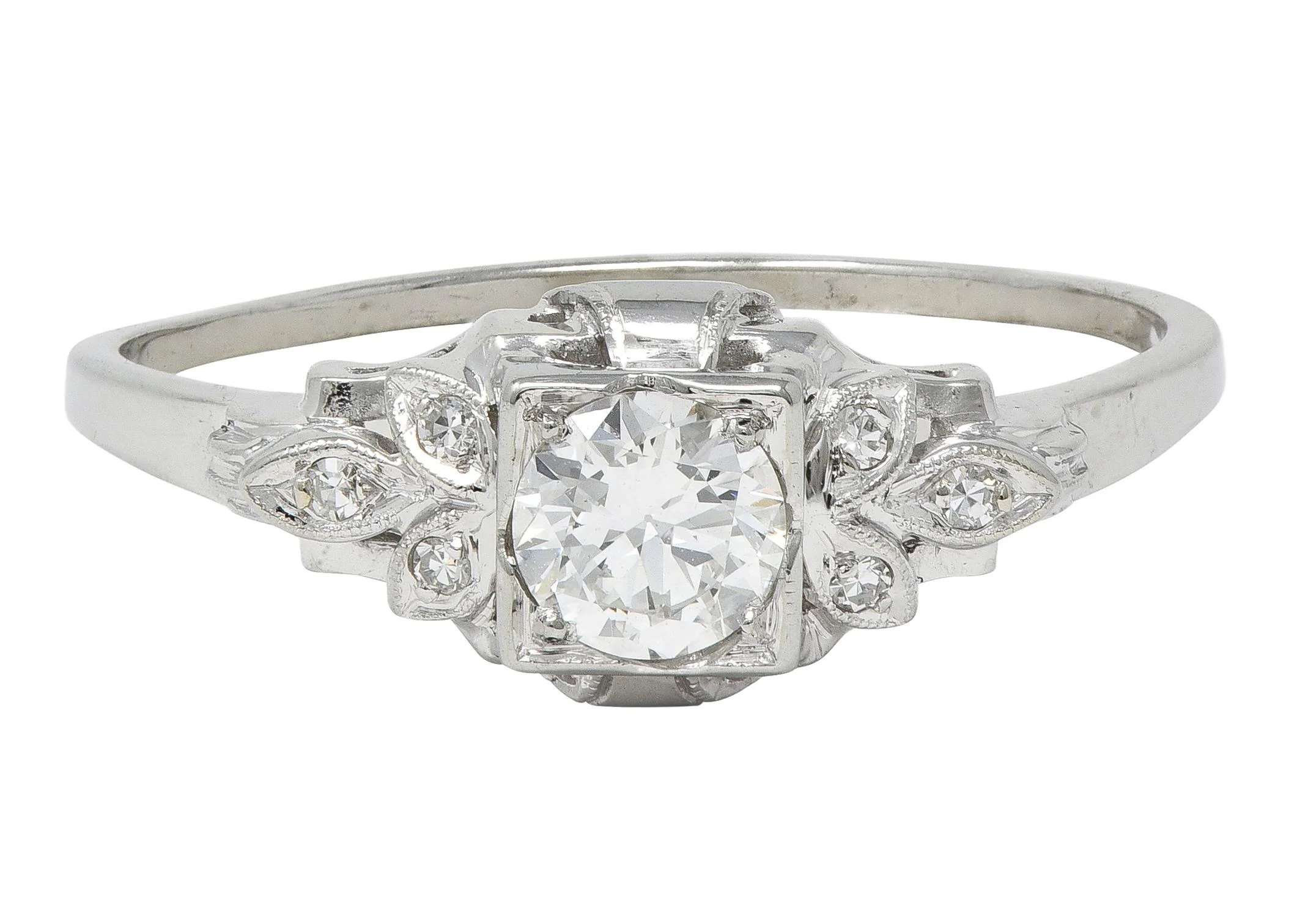 Jabel Art Deco Old European Diamond 18 Karat White Gold Vintage Foliate Engagement Ring
