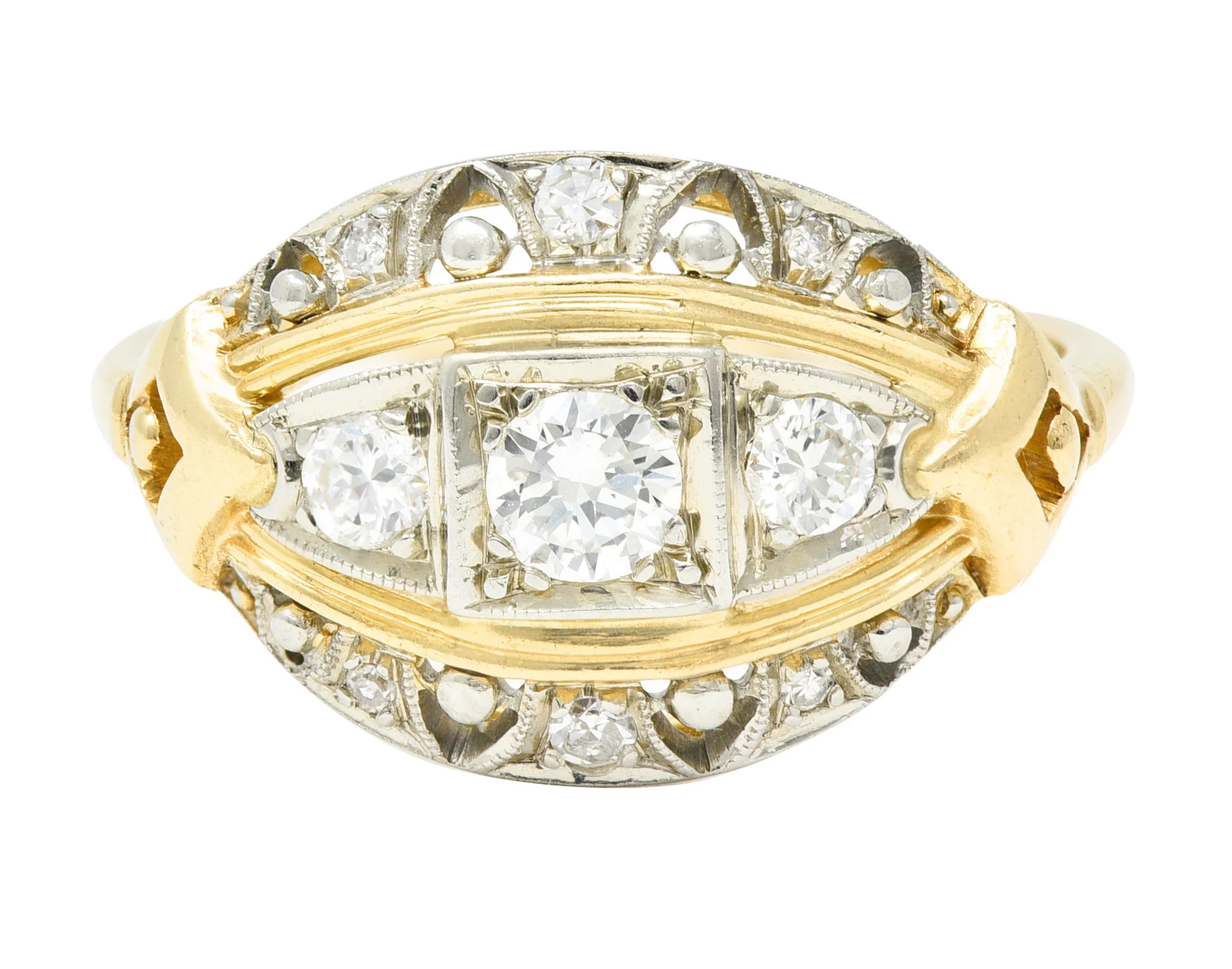 Jabel Art Deco Transitional Cut Diamond 14 Karat Two-Tone Gold Three Stone Bombay Band Ring