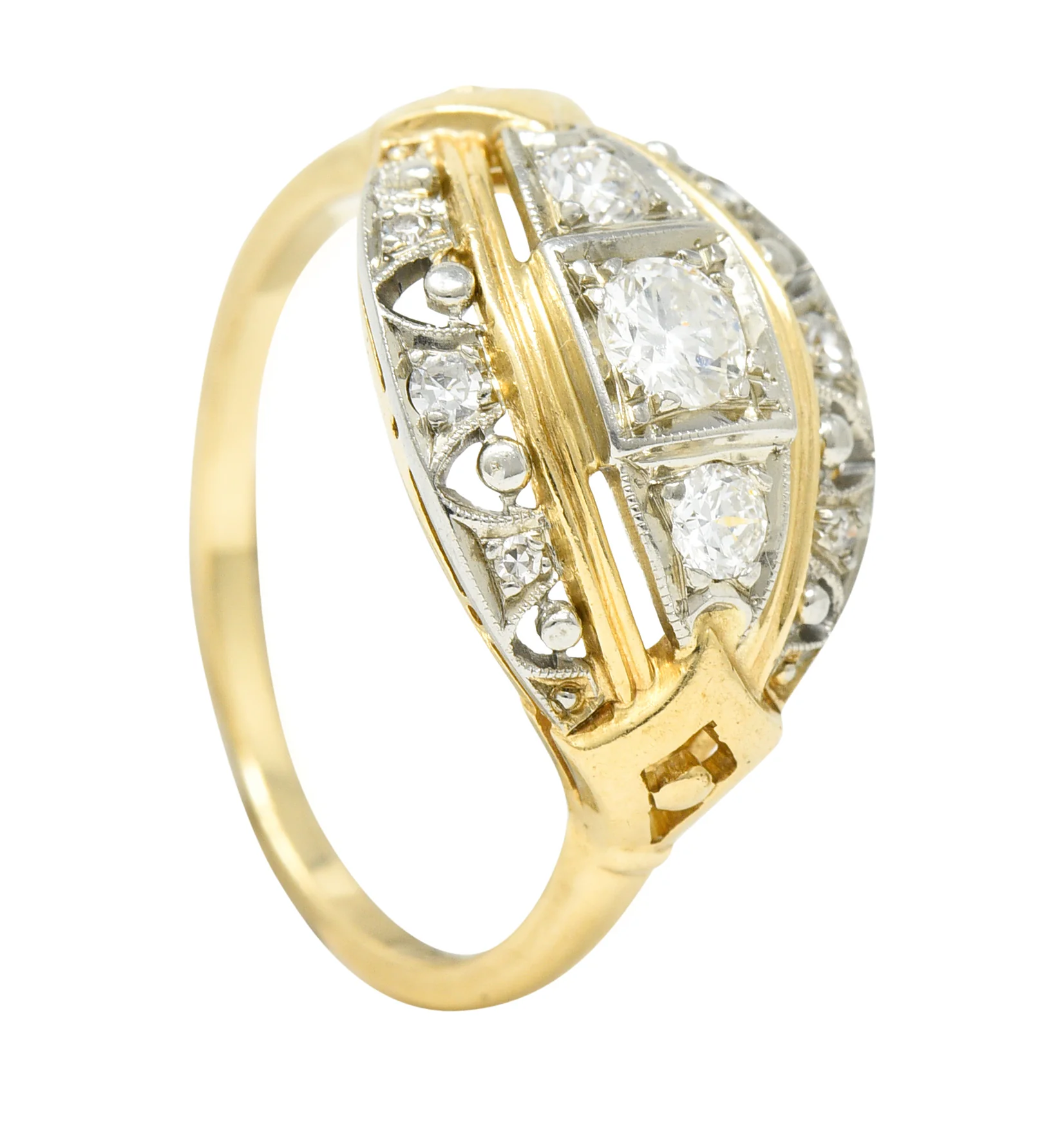 Jabel Art Deco Transitional Cut Diamond 14 Karat Two-Tone Gold Three Stone Bombay Band Ring - Image 11