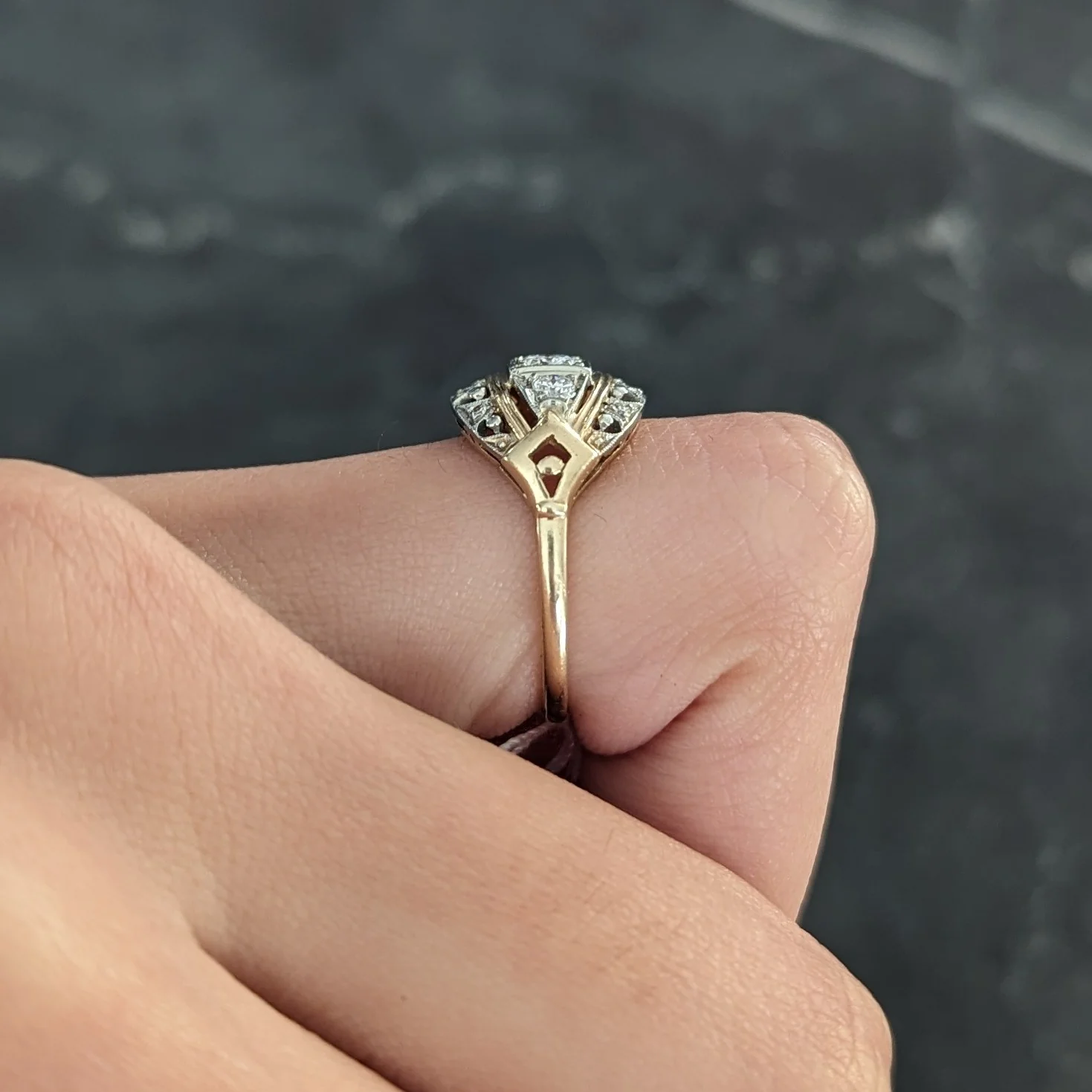 Jabel Art Deco Transitional Cut Diamond 14 Karat Two-Tone Gold Three Stone Bombay Band Ring - Image 14