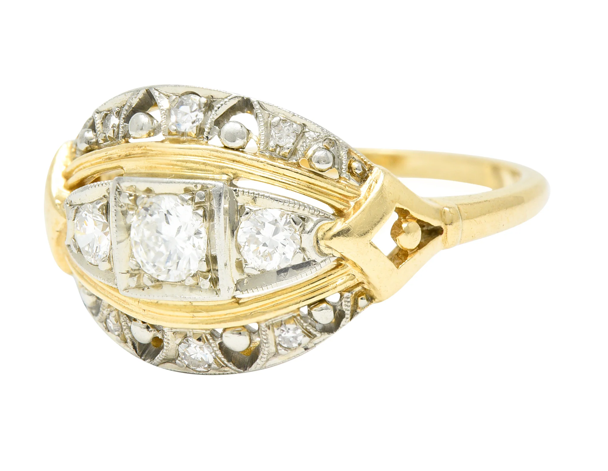 Jabel Art Deco Transitional Cut Diamond 14 Karat Two-Tone Gold Three Stone Bombay Band Ring - Image 6