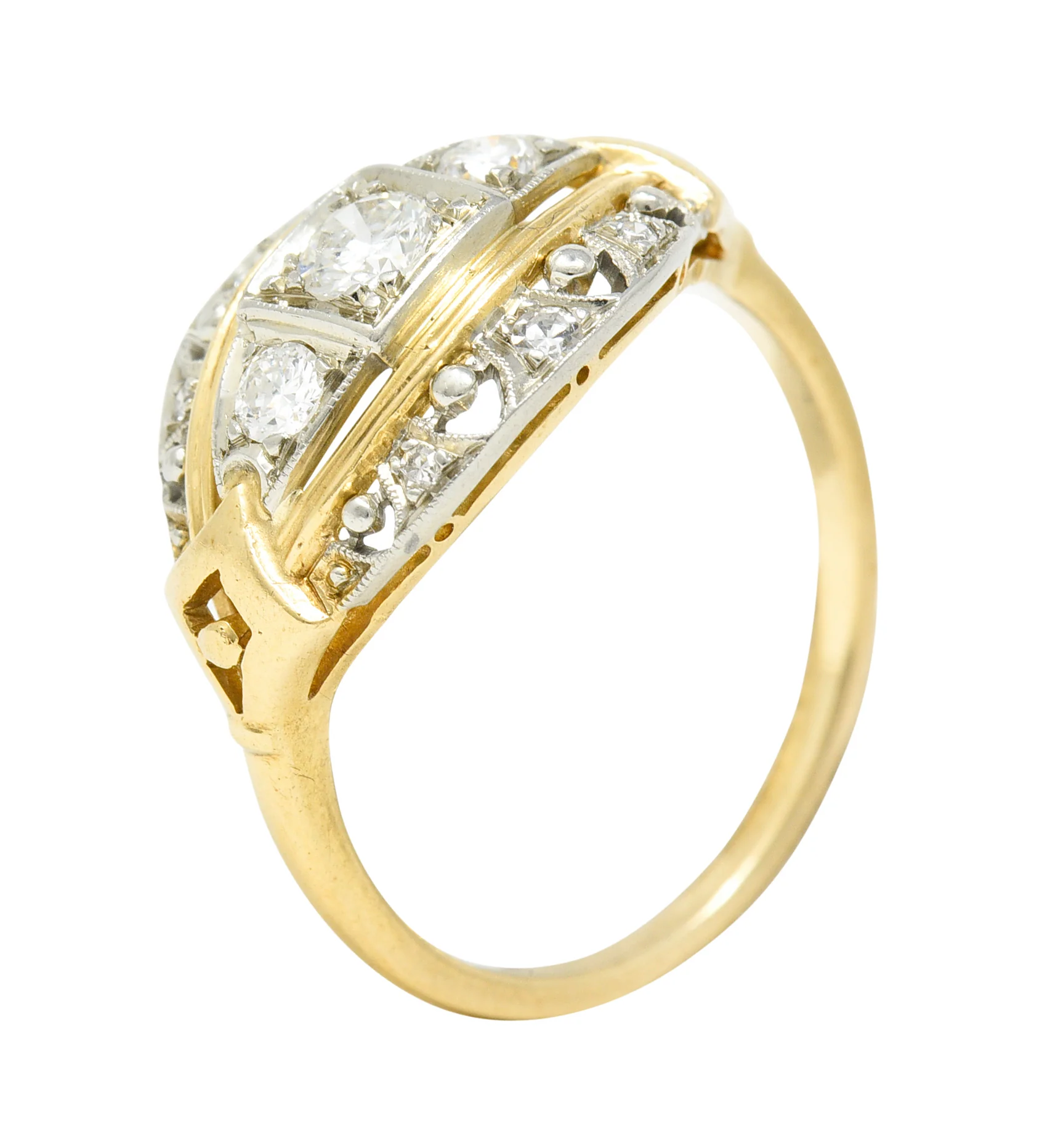 Jabel Art Deco Transitional Cut Diamond 14 Karat Two-Tone Gold Three Stone Bombay Band Ring - Image 8