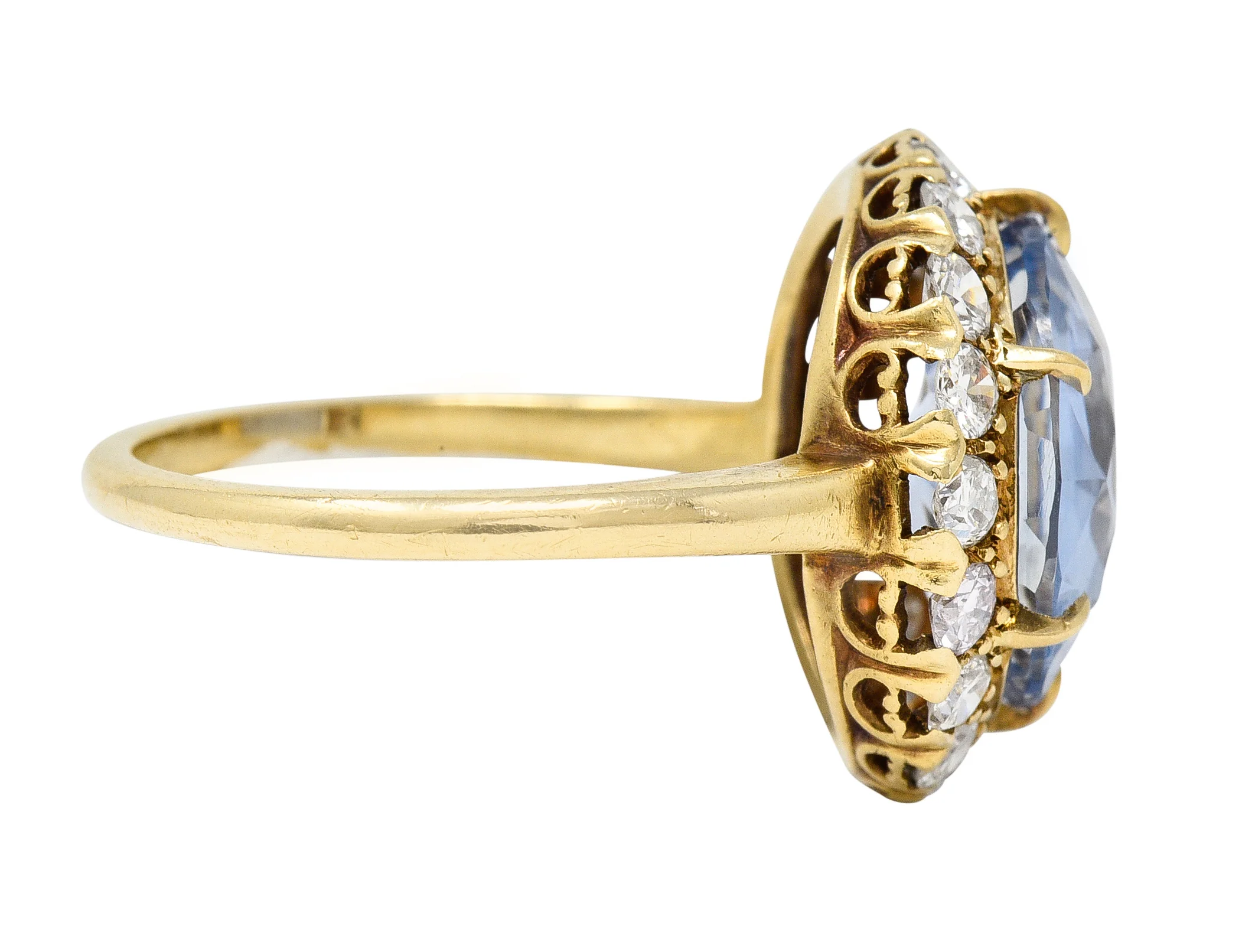 Jabel Mid-Century 6.99 CTW No Heat Ceylon Sapphire Diamond 14 Karat Yellow Gold Vintage Halo Ring GIA - Image 3