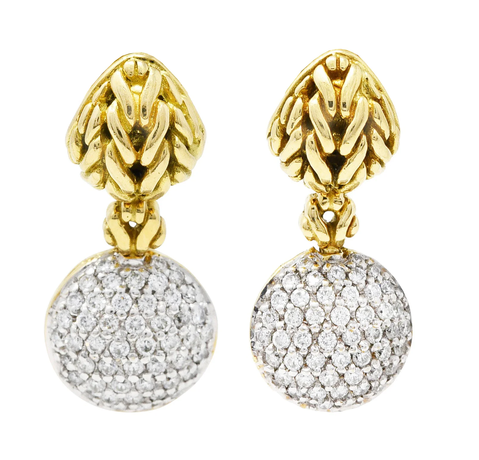 John Hardy 1.00 CTW Diamond 18 Karat Two-Tone Gold Pavè Drop Earrings