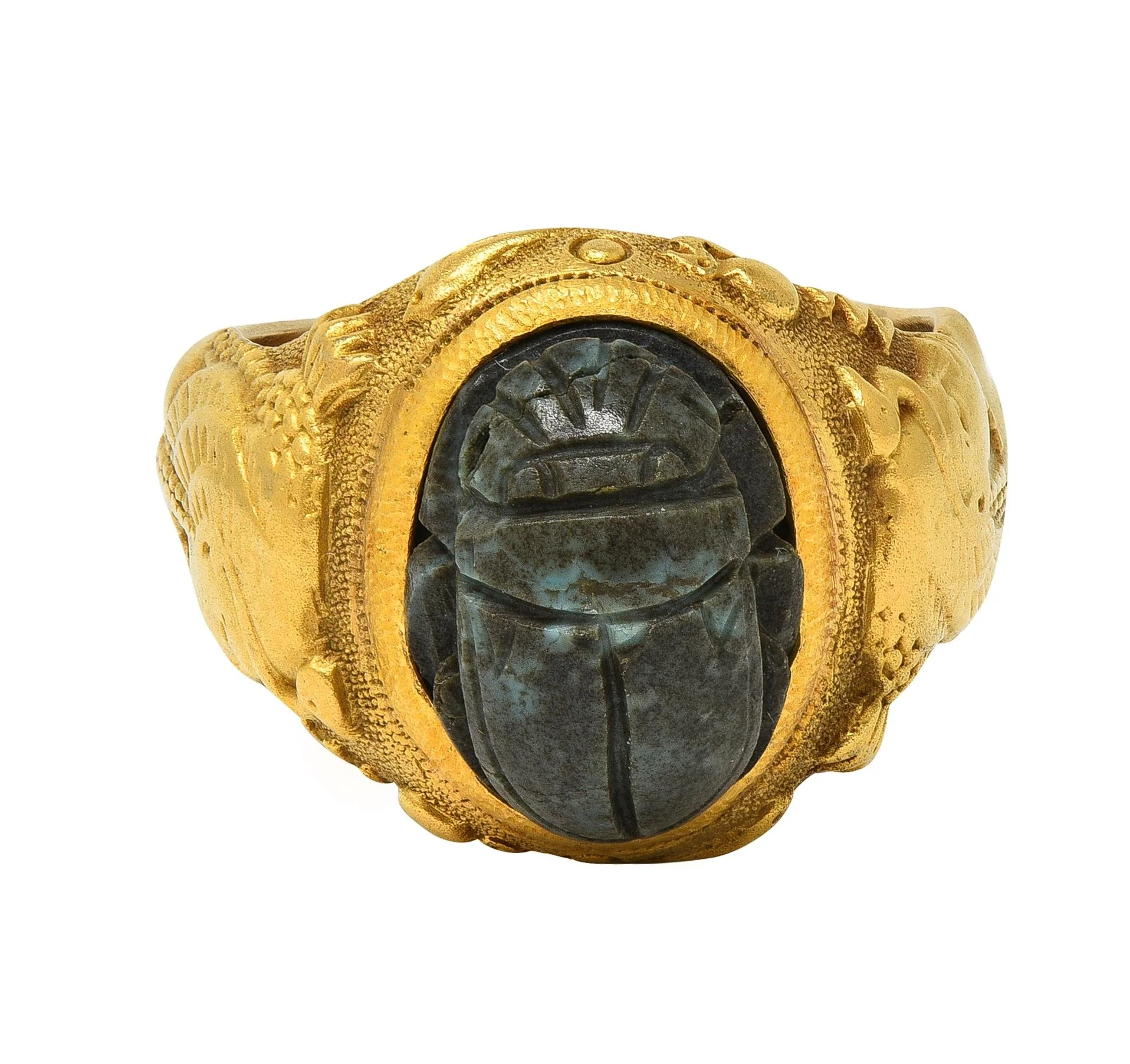 Jones & Woodland Art Deco Egyptian Revival Hardstone 14 Karat Yellow Gold Antique Scarab Signet Ring