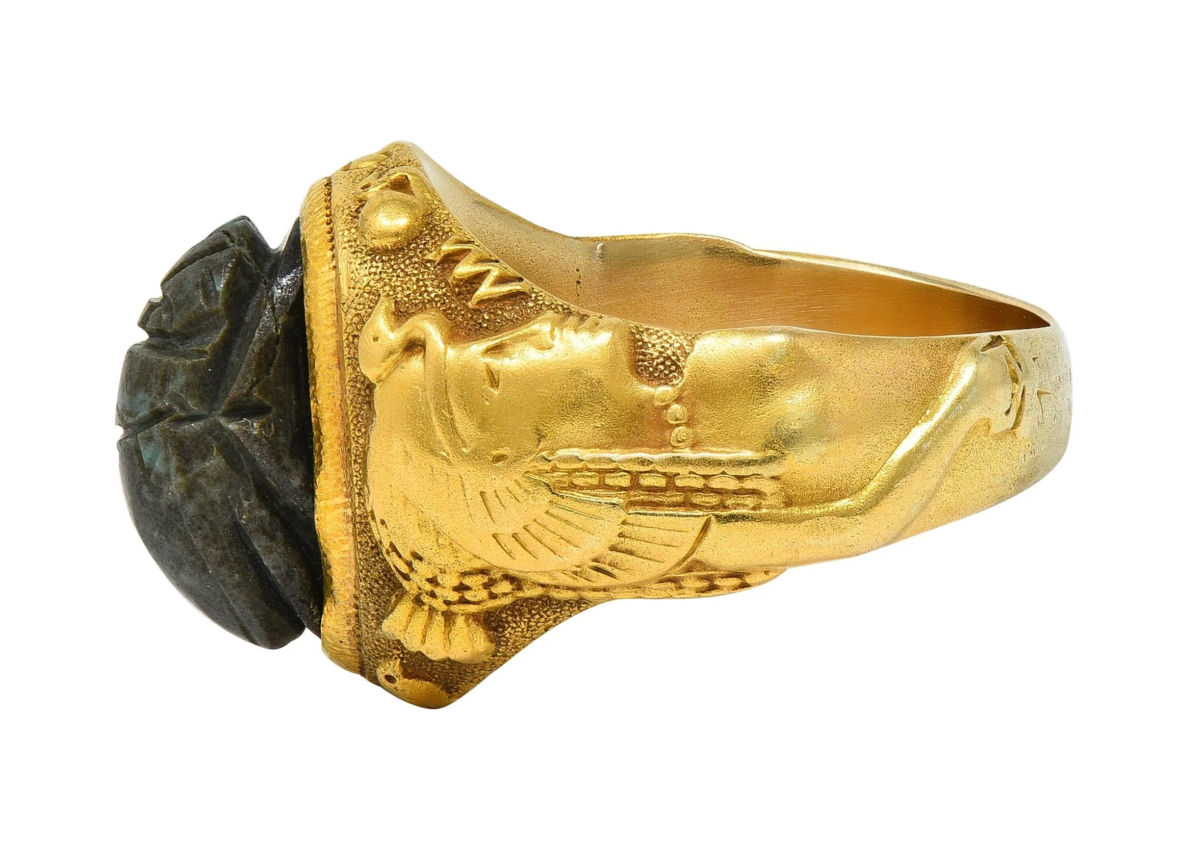 Jones & Woodland Art Deco Egyptian Revival Hardstone 14 Karat Yellow Gold Antique Scarab Signet Ring - Image 4
