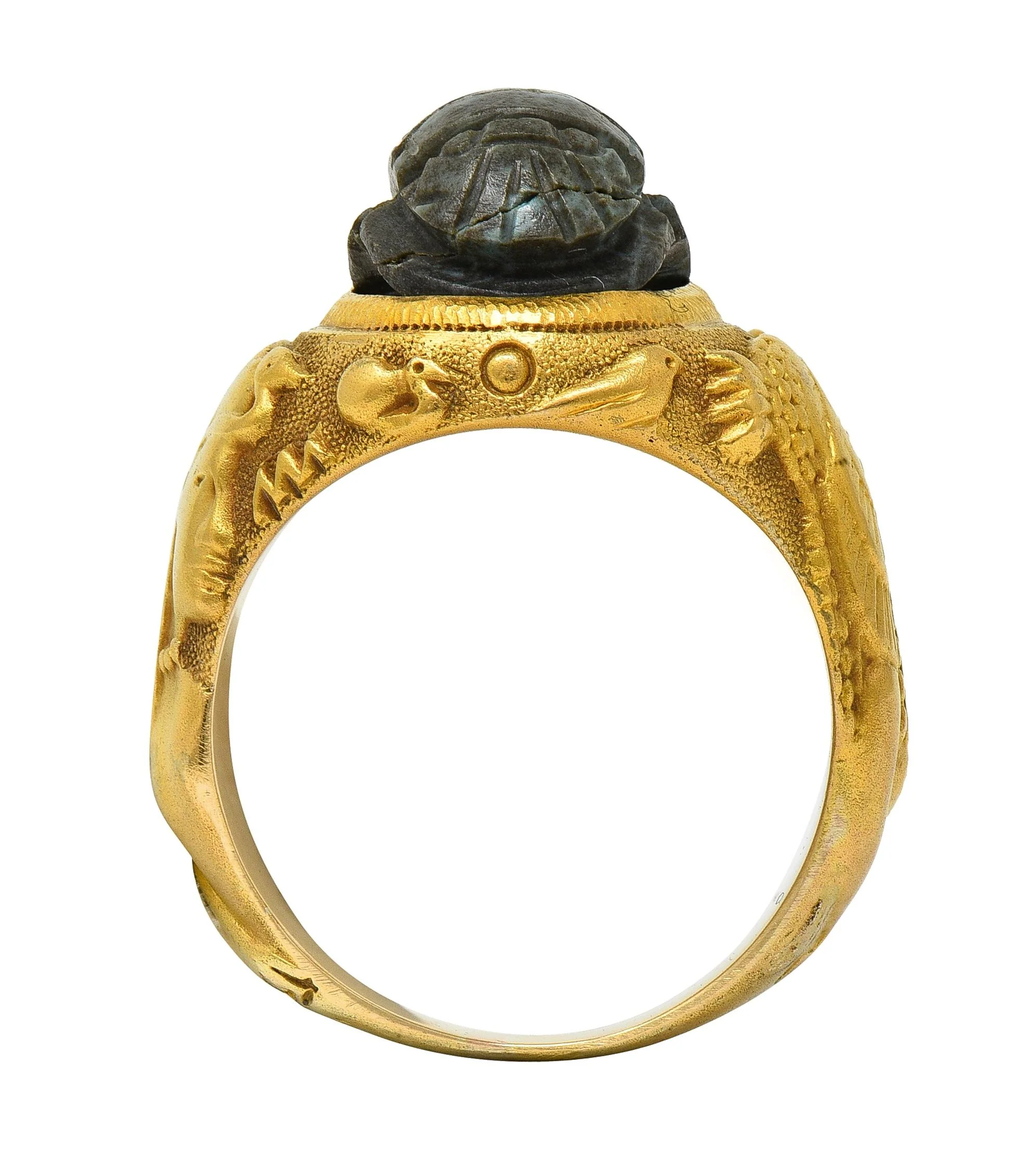Jones & Woodland Art Deco Egyptian Revival Hardstone 14 Karat Yellow Gold Antique Scarab Signet Ring - Image 6