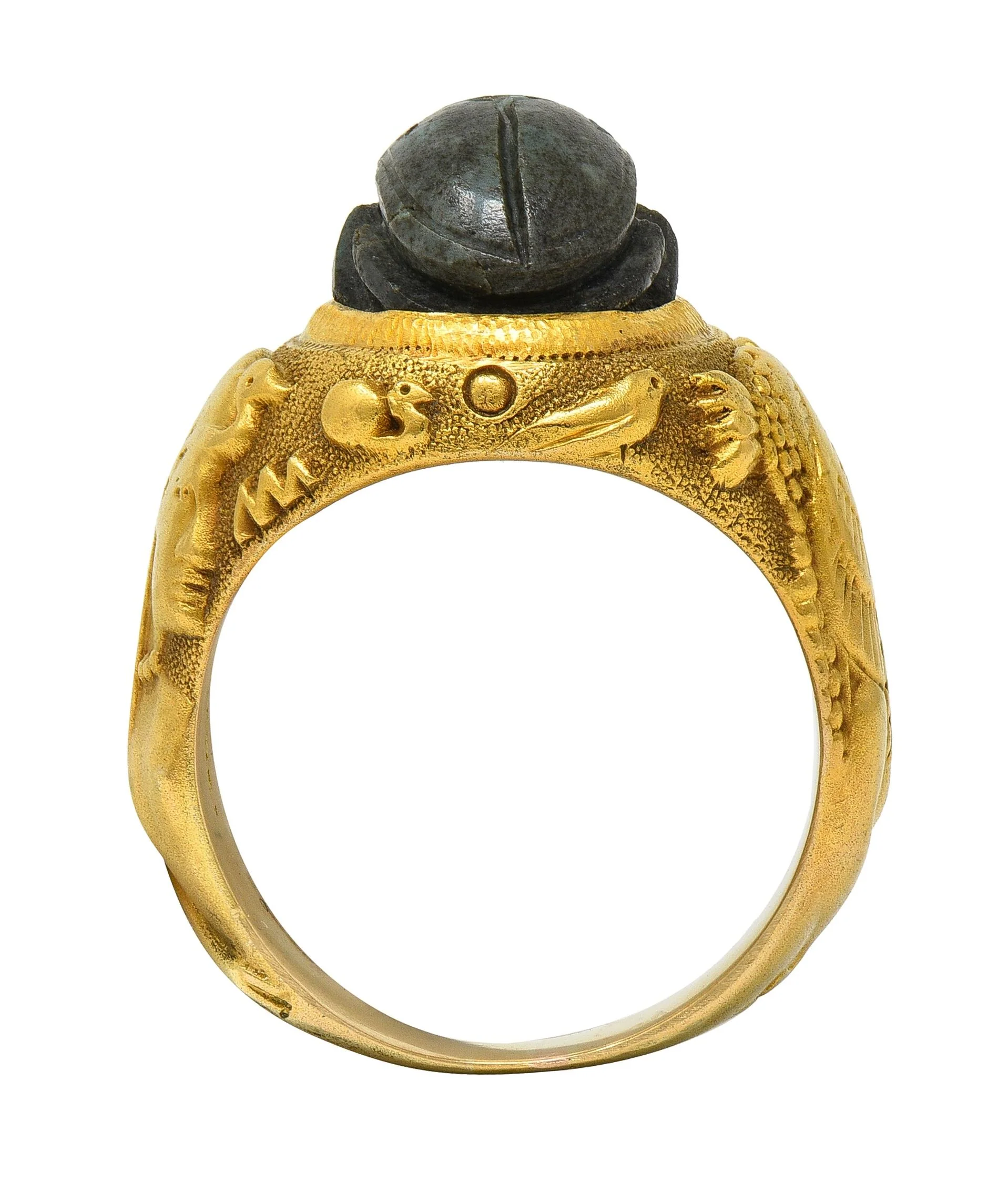 Jones & Woodland Art Deco Egyptian Revival Hardstone 14 Karat Yellow Gold Antique Scarab Signet Ring - Image 7