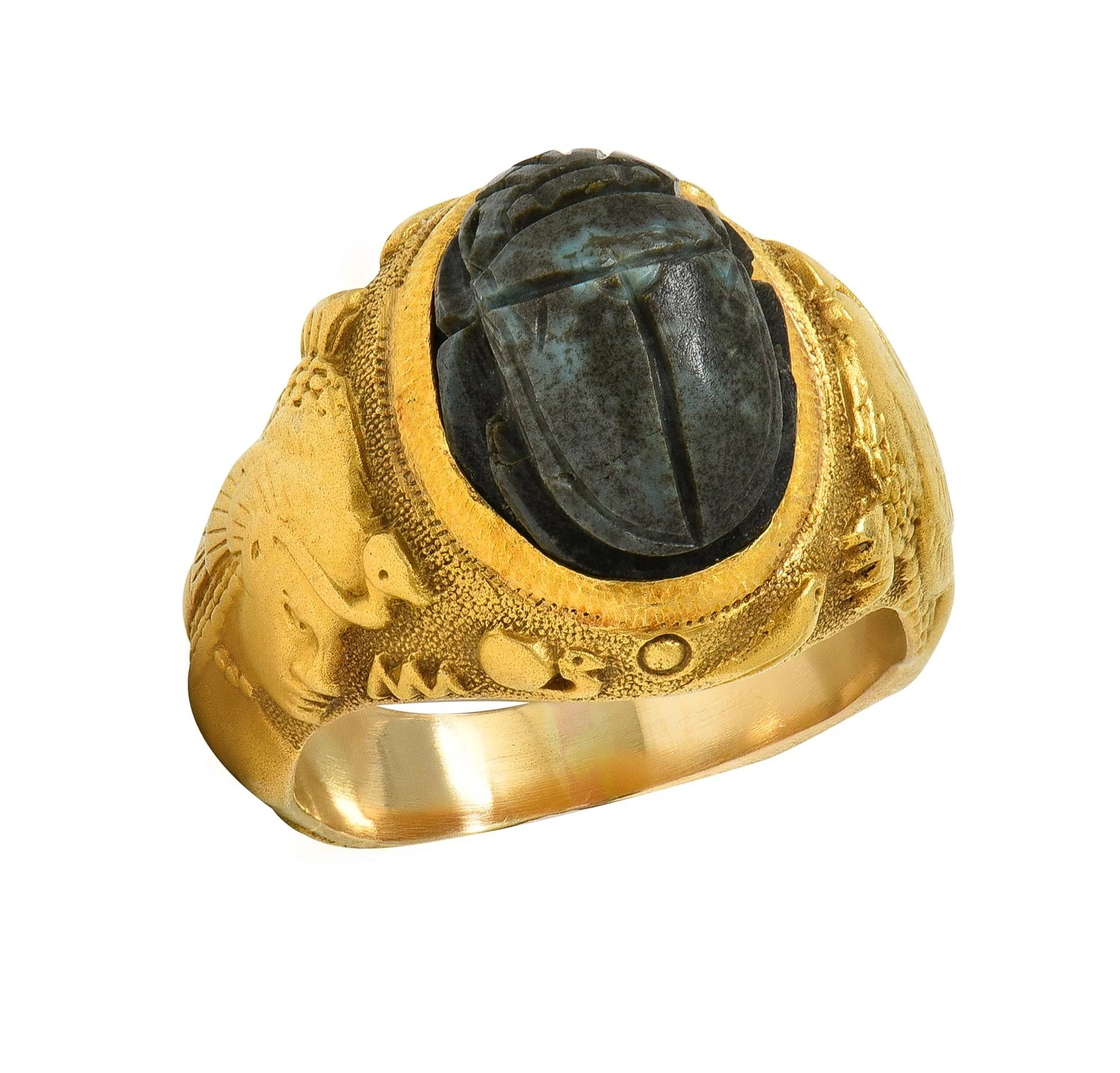 Jones & Woodland Art Deco Egyptian Revival Hardstone 14 Karat Yellow Gold Antique Scarab Signet Ring - Image 8