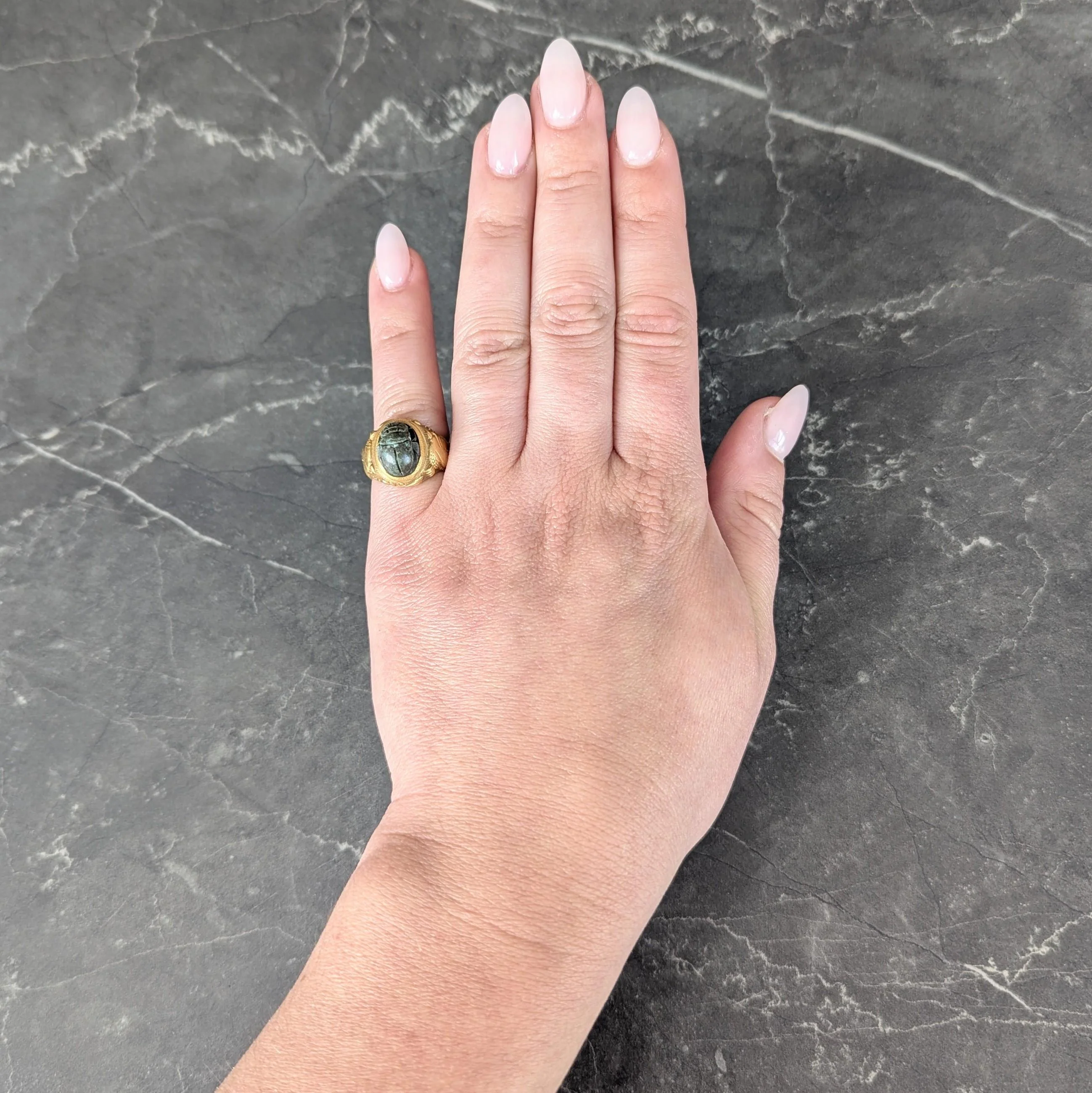 Jones & Woodland Art Deco Egyptian Revival Hardstone 14 Karat Yellow Gold Antique Scarab Signet Ring - Image 9