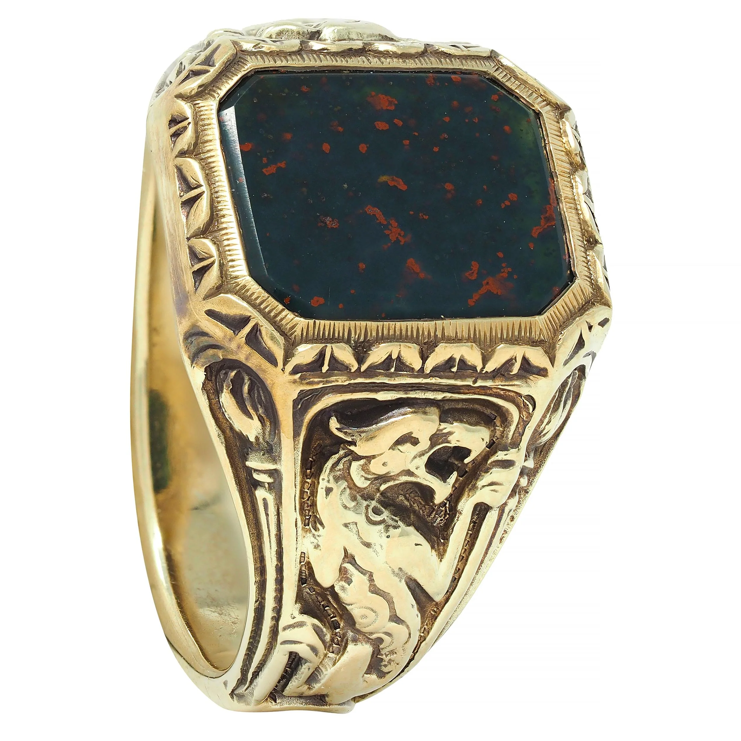 Jones & Woodland Art Nouveau Bloodstone 14 Karat Yellow Gold Basilisk Antique Signet Ring - Image 11