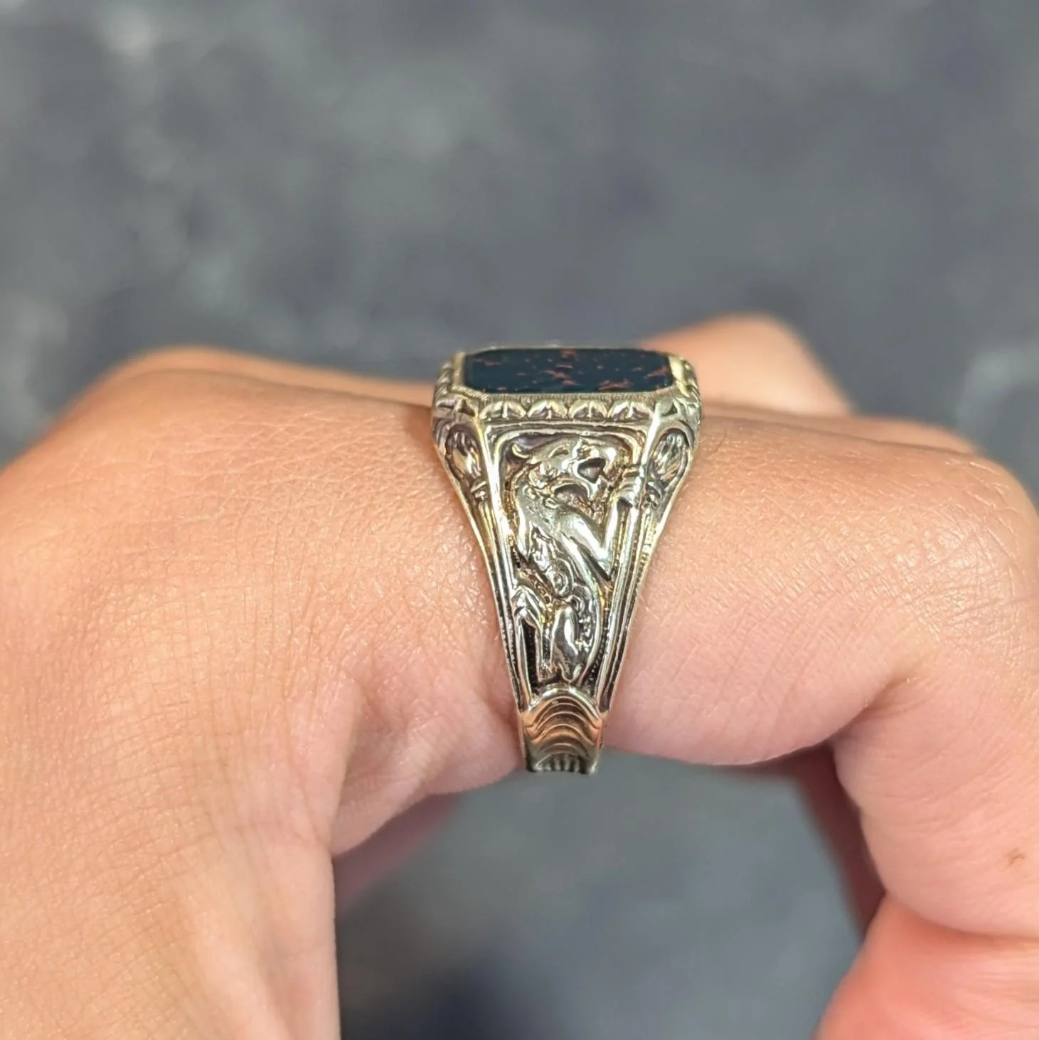 Jones & Woodland Art Nouveau Bloodstone 14 Karat Yellow Gold Basilisk Antique Signet Ring - Image 15