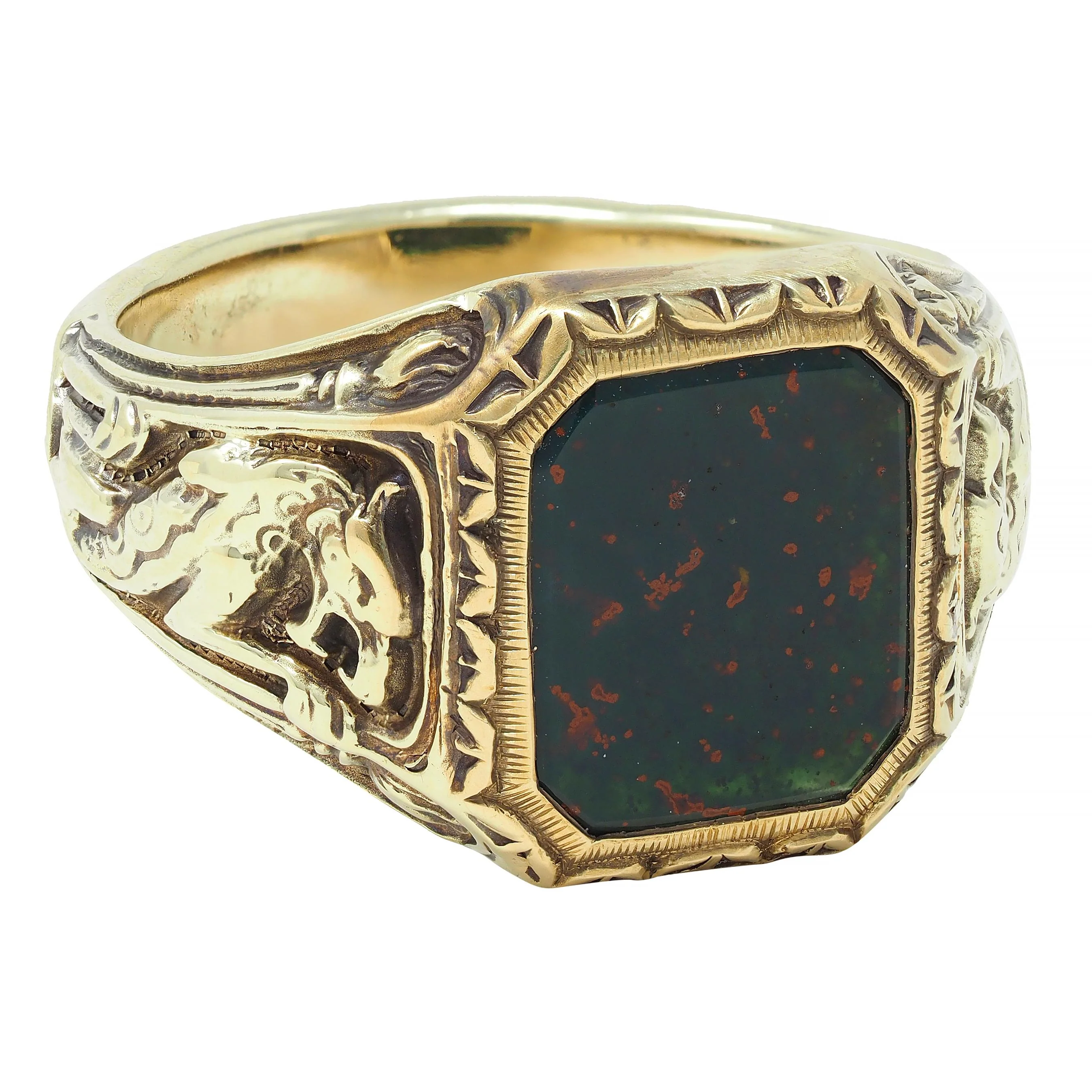 Jones & Woodland Art Nouveau Bloodstone 14 Karat Yellow Gold Basilisk Antique Signet Ring - Image 2