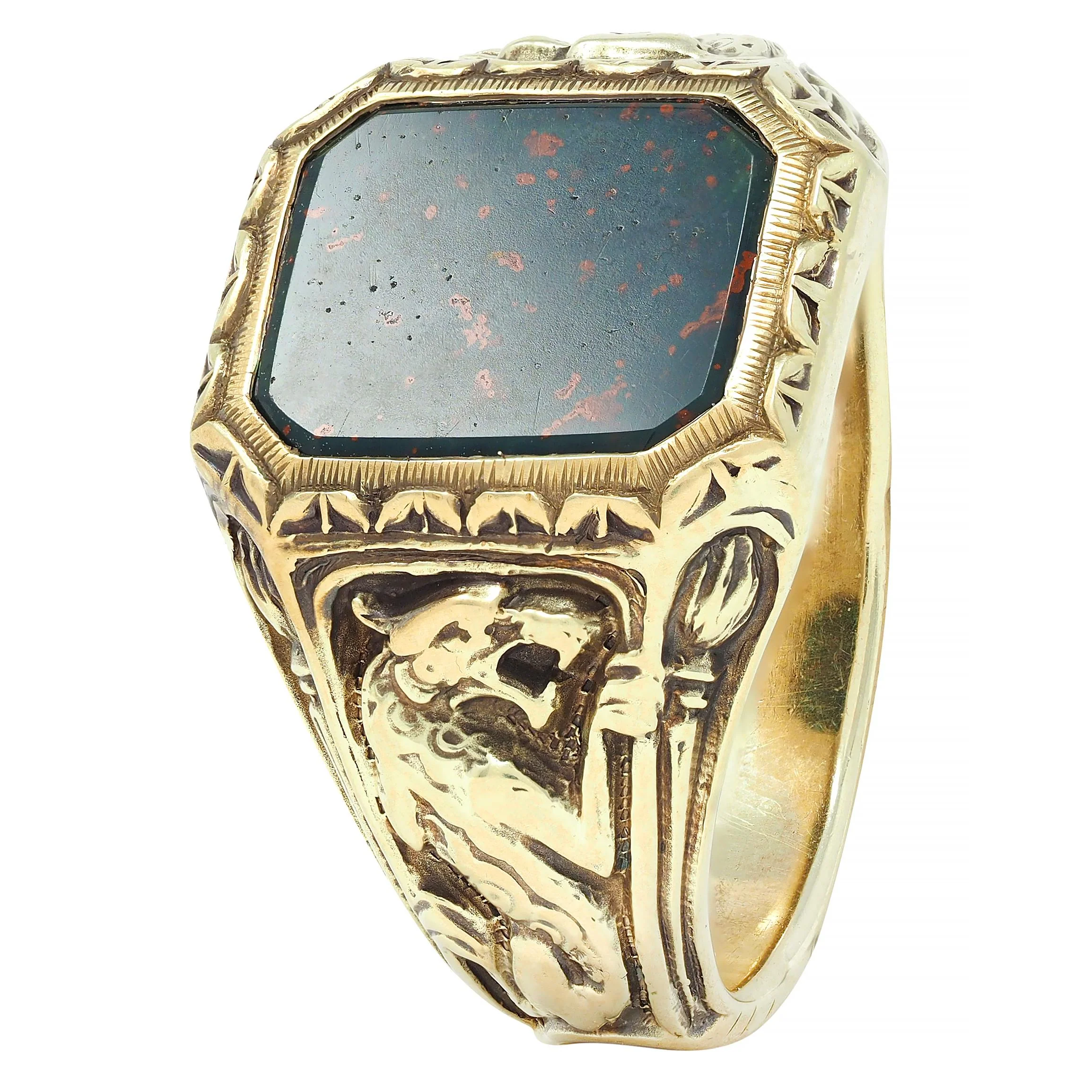 Jones & Woodland Art Nouveau Bloodstone 14 Karat Yellow Gold Basilisk Antique Signet Ring - Image 7