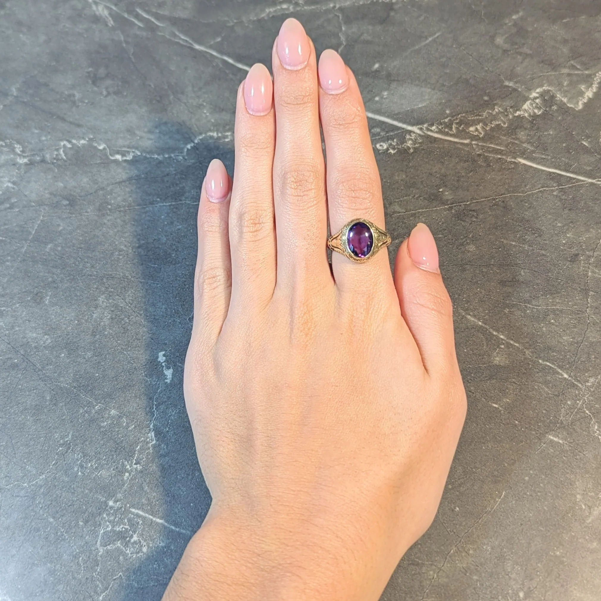 Jones & Woodland Art Nouveau Egyptian Revival Amethyst 14 Karat Gold Antique Unisex Lotus Ring - Image 13