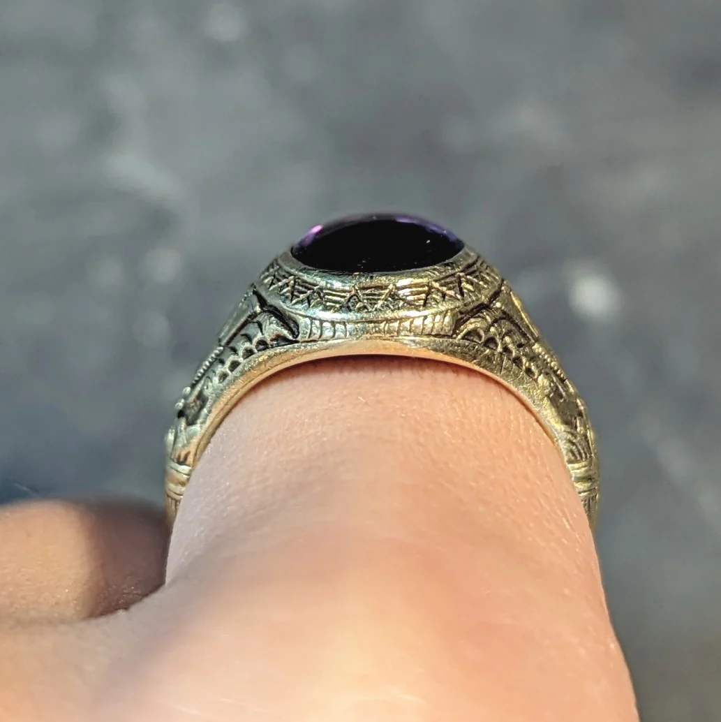 Jones & Woodland Art Nouveau Egyptian Revival Amethyst 14 Karat Gold Antique Unisex Lotus Ring - Image 14