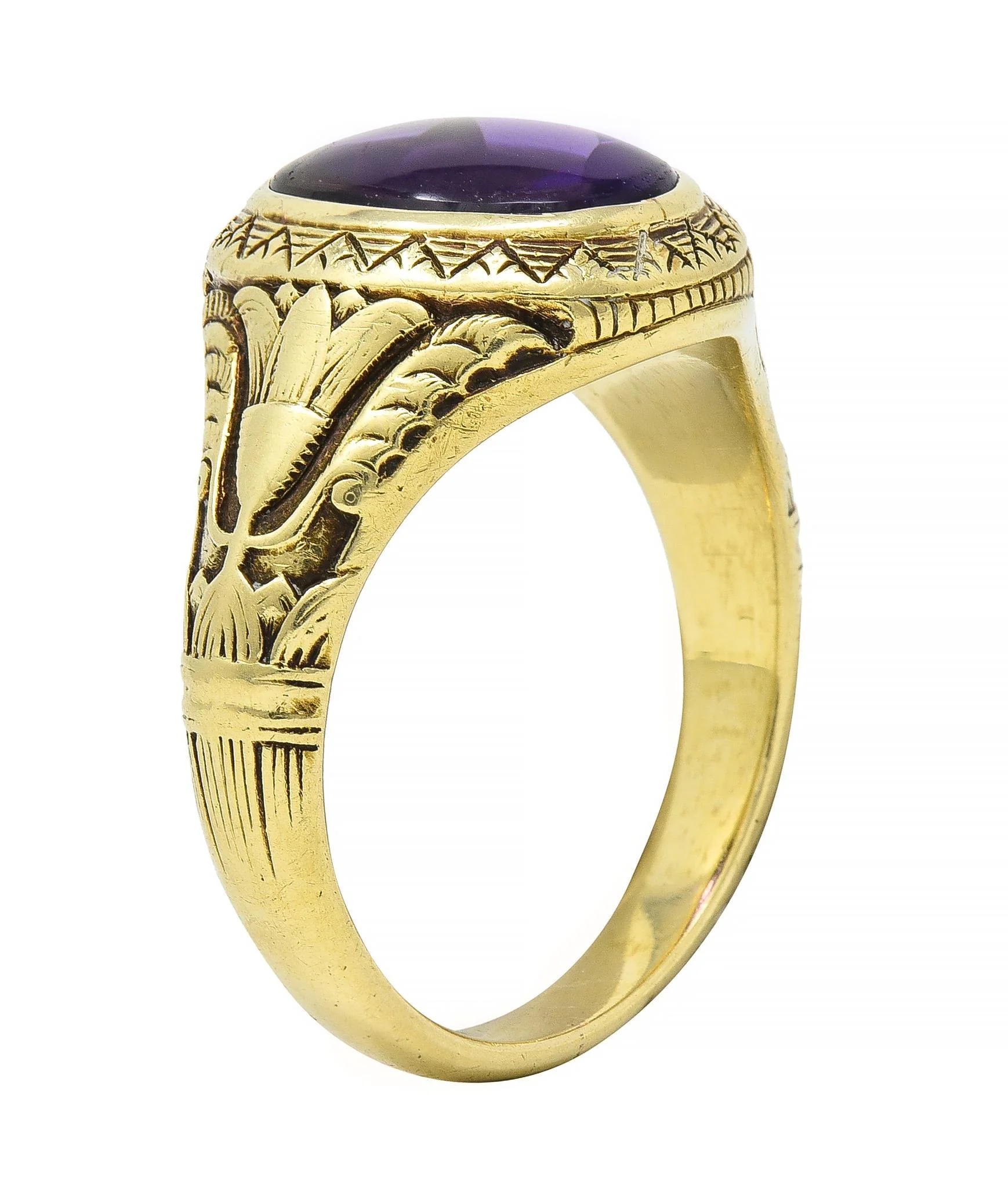 Jones & Woodland Art Nouveau Egyptian Revival Amethyst 14 Karat Gold Antique Unisex Lotus Ring - Image 2