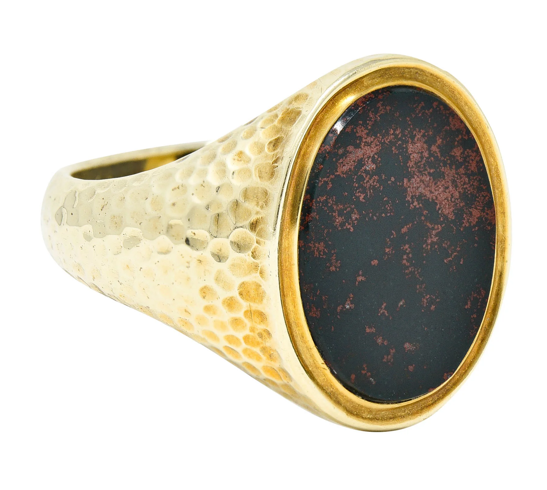 Jones & Woodland Retro Bloodstone 14 Karat Hammered Gold Unisex Signet Ring - Image 3