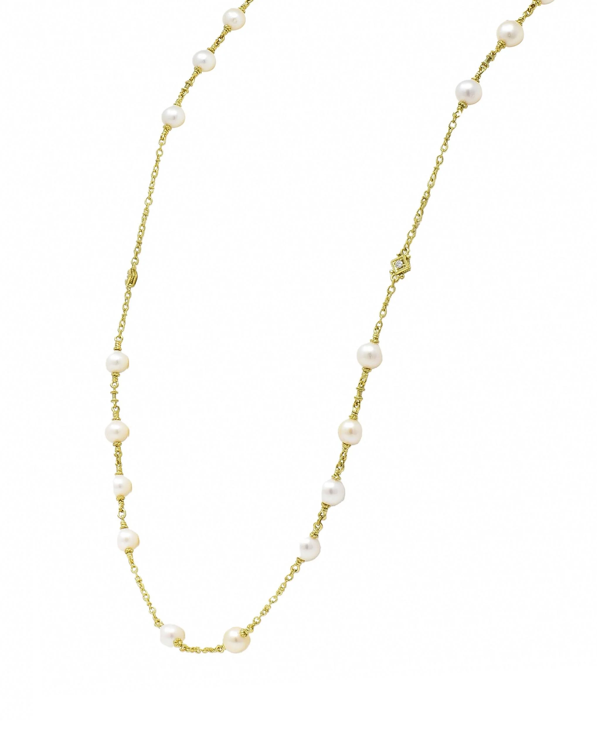 Judith Ripka 2000's Akoya Pearl Diamond 18 Karat Yellow Gold Station Chain Necklace - Image 4