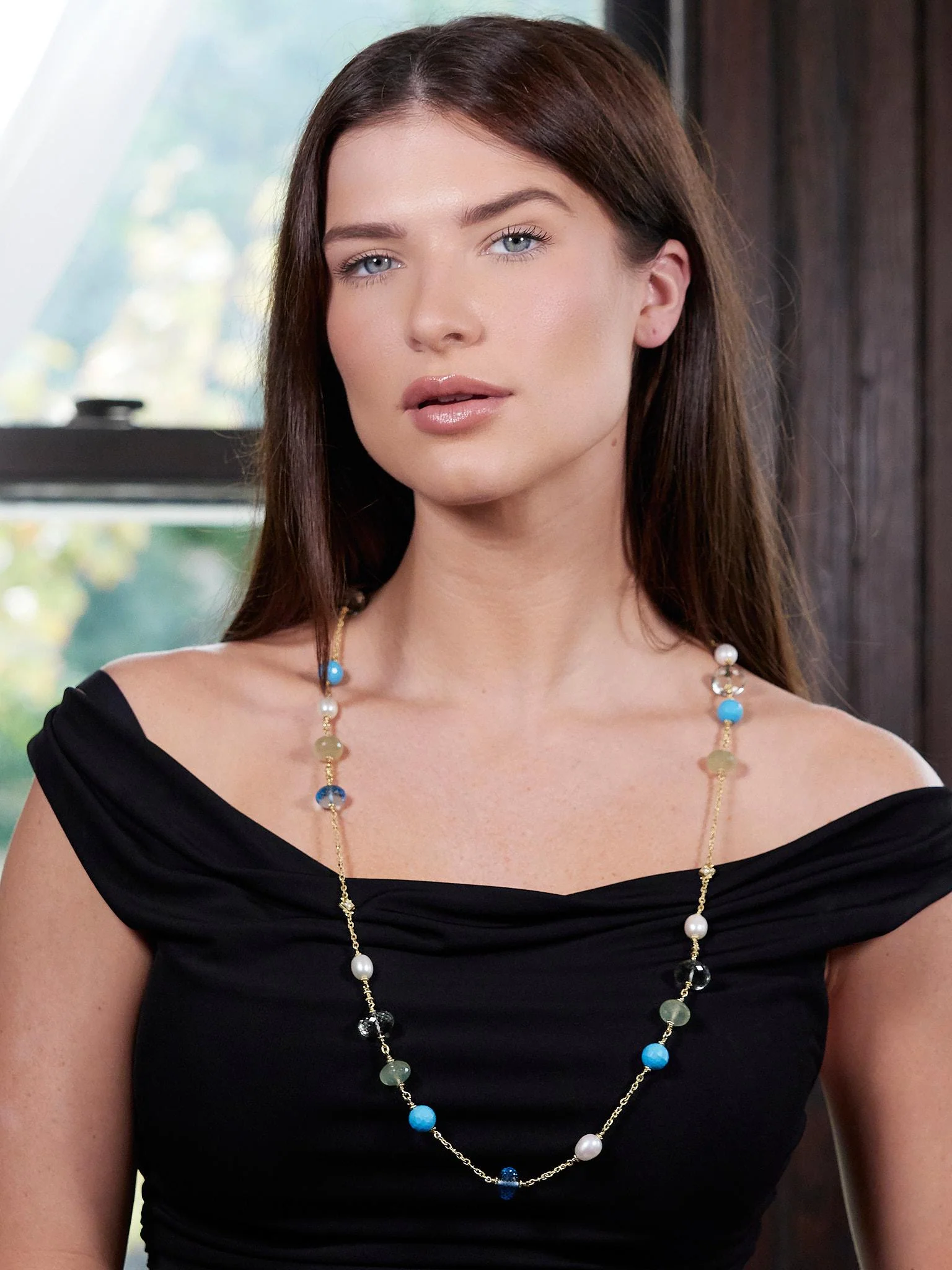 Judith Ripka Pearl Turquoise Topaz Diamond Aquamarine Quartz 18 Karat Yellow Gold Necklace - Image 2