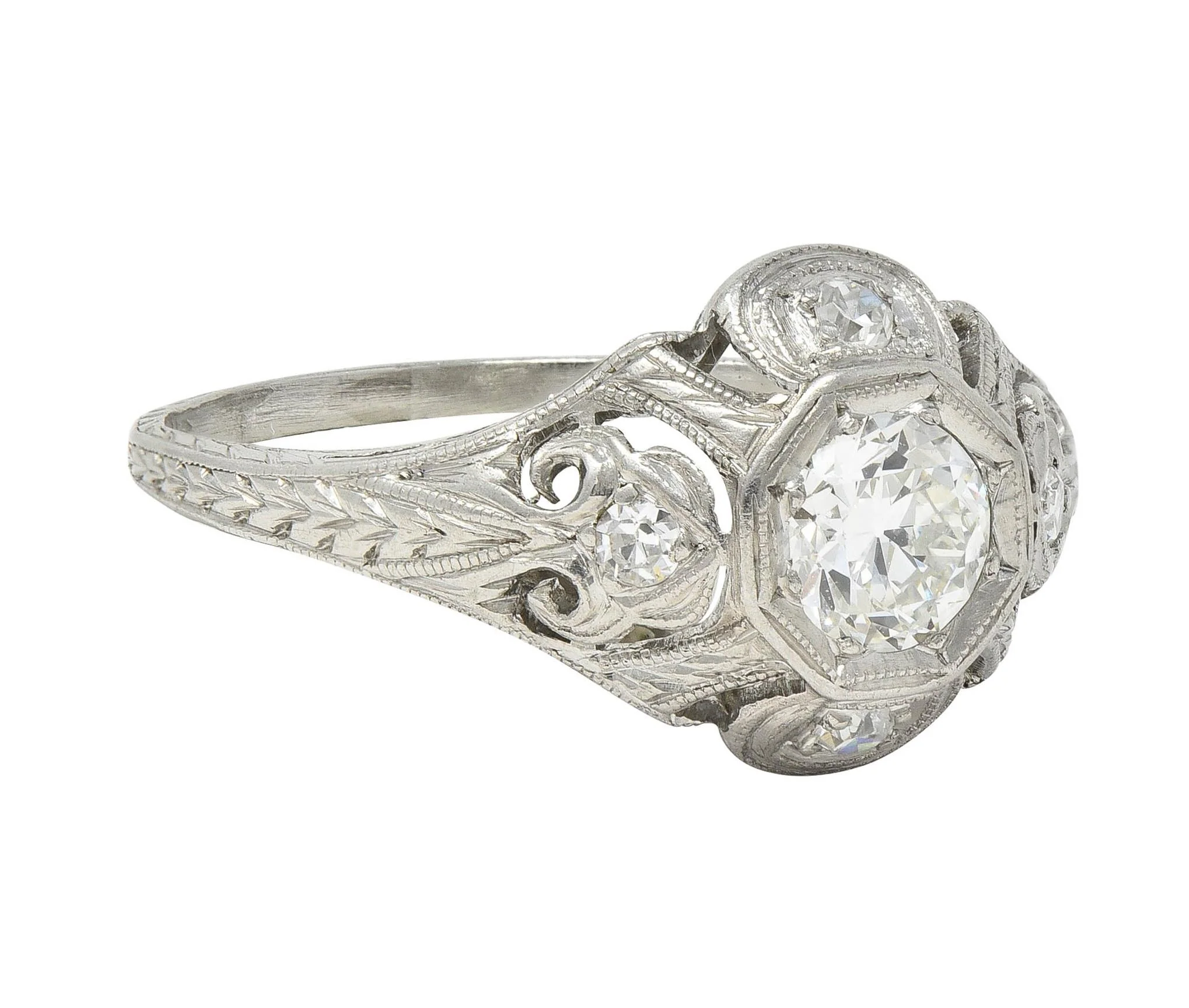 Katz & Ogush Art Deco 0.53 CTW Diamond Platinum Scrolling Vintage Wheat Engagement Ring - Image 2