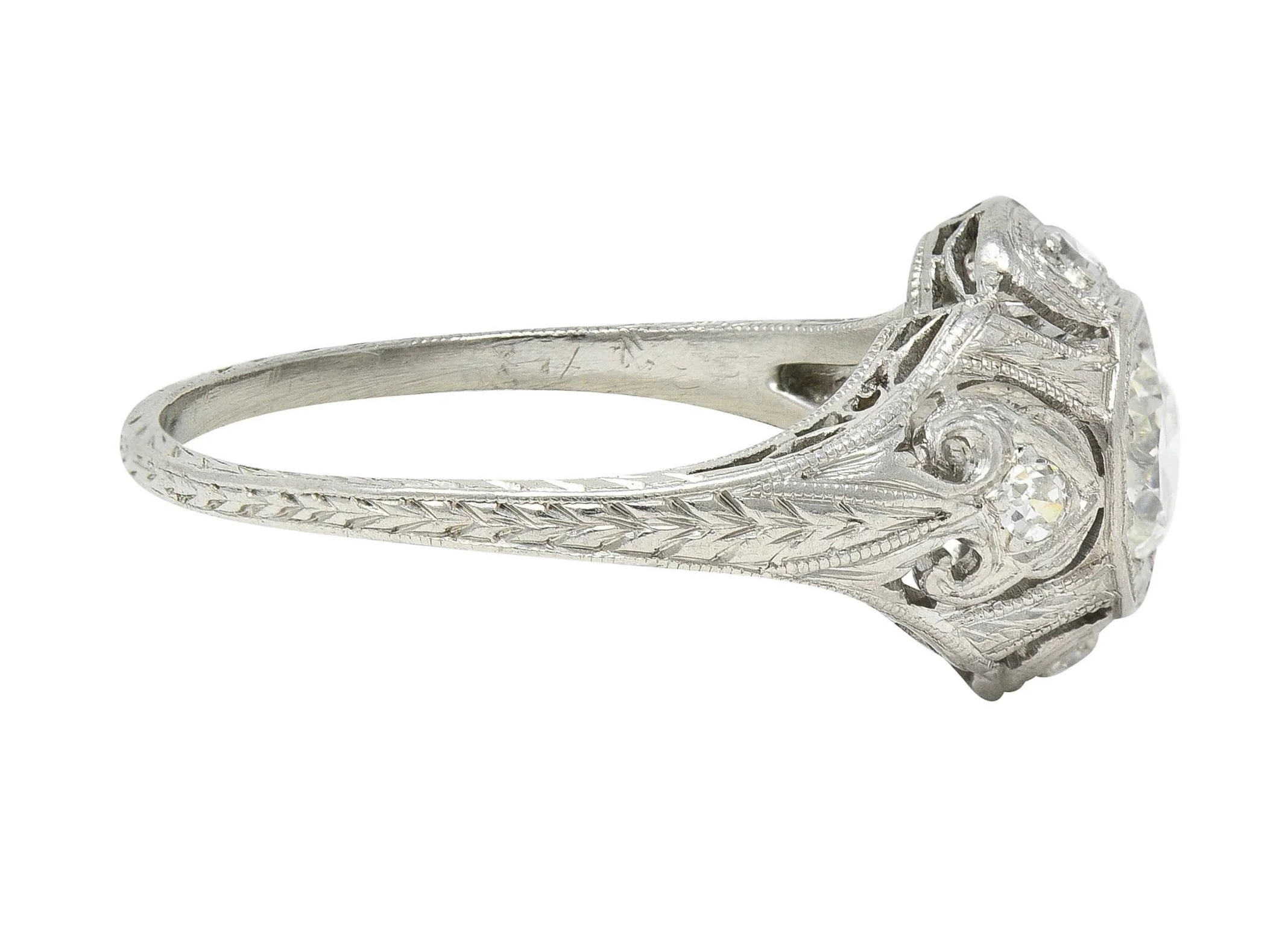 Katz & Ogush Art Deco 0.53 CTW Diamond Platinum Scrolling Vintage Wheat Engagement Ring - Image 4
