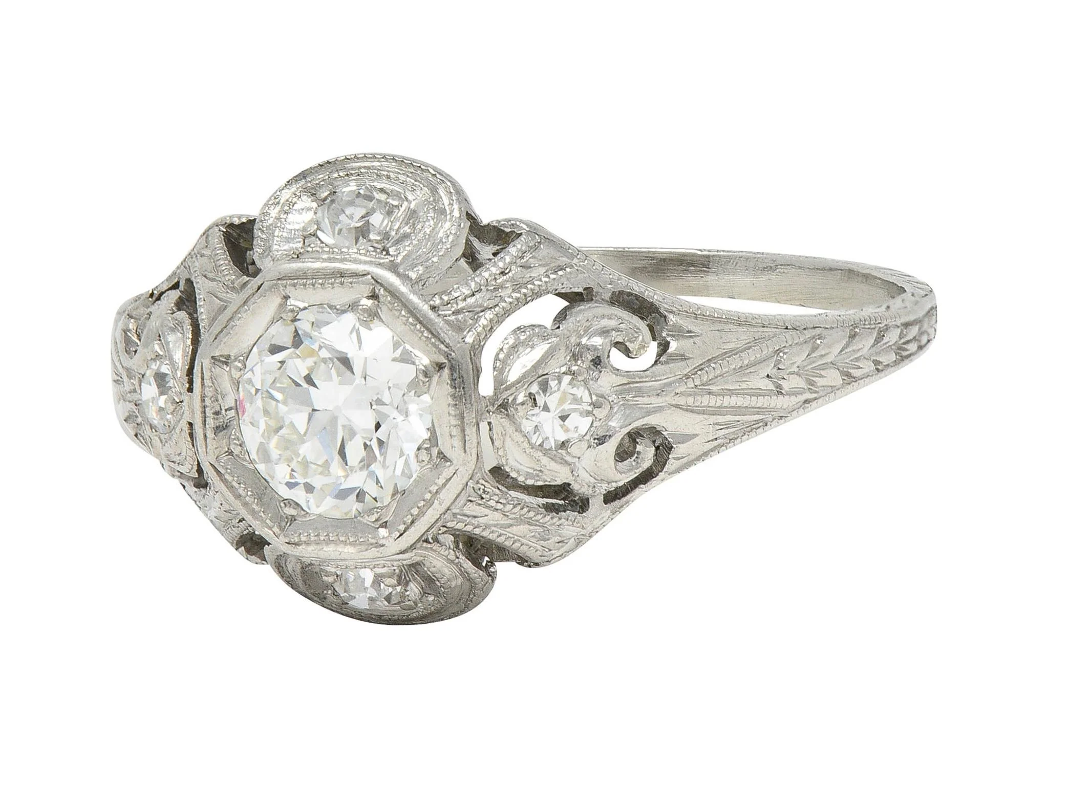 Katz & Ogush Art Deco 0.53 CTW Diamond Platinum Scrolling Vintage Wheat Engagement Ring - Image 6