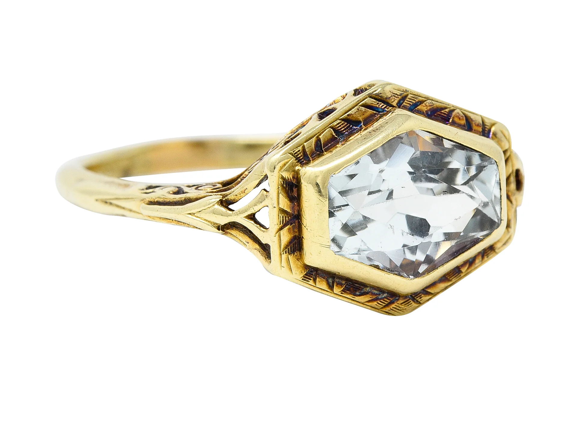 Kent & Woodland Co. Art Deco Aquamarine 14 Karat yellow Gold Scrolling Bezel Set Antique Gemstone Ring - Image 2