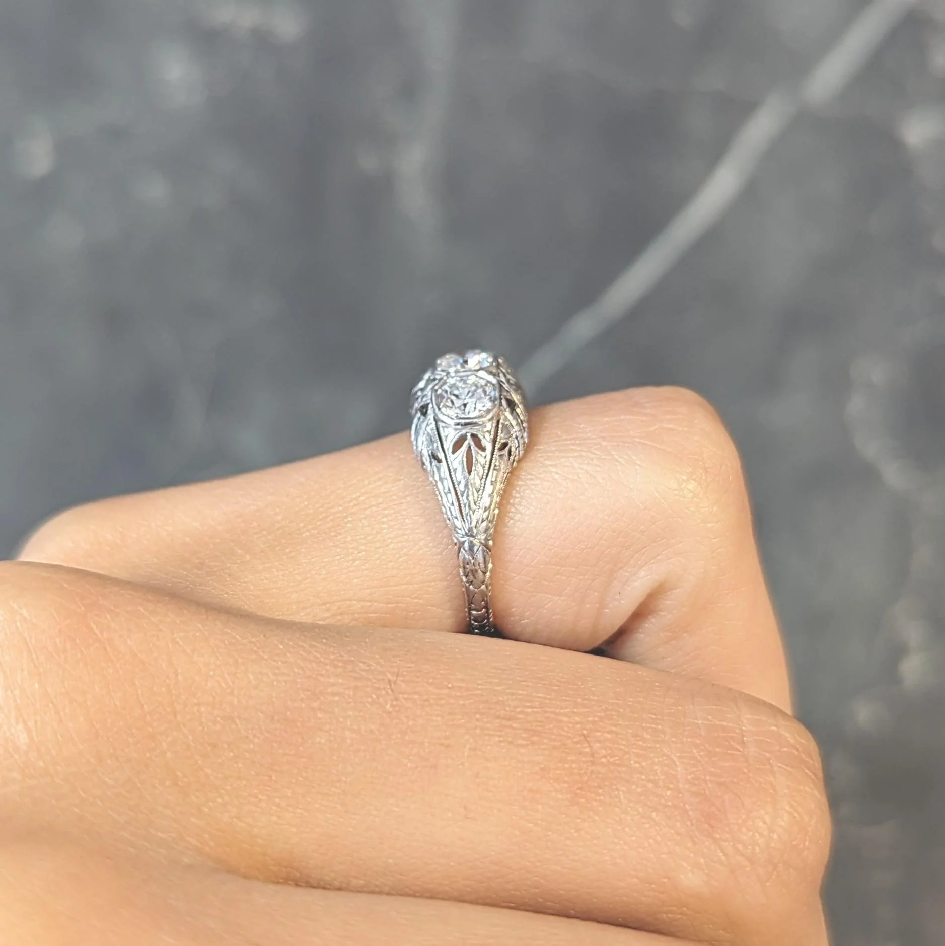 Kinscherf Art Deco 0.80 CTW Old European Cut Diamond Platinum Three Stone Arrow Engagement Ring - Image 15