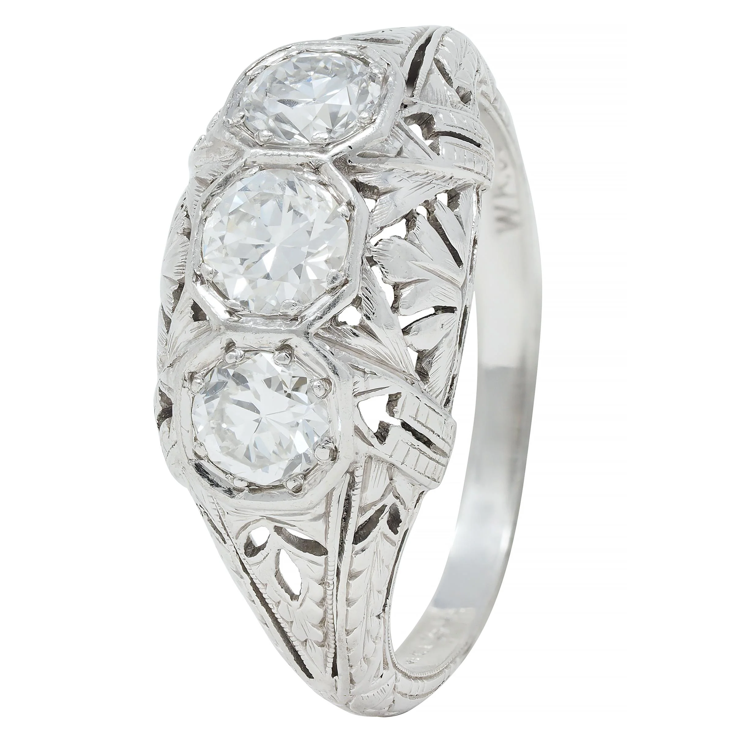 Kinscherf Art Deco 0.80 CTW Old European Cut Diamond Platinum Three Stone Arrow Engagement Ring - Image 7