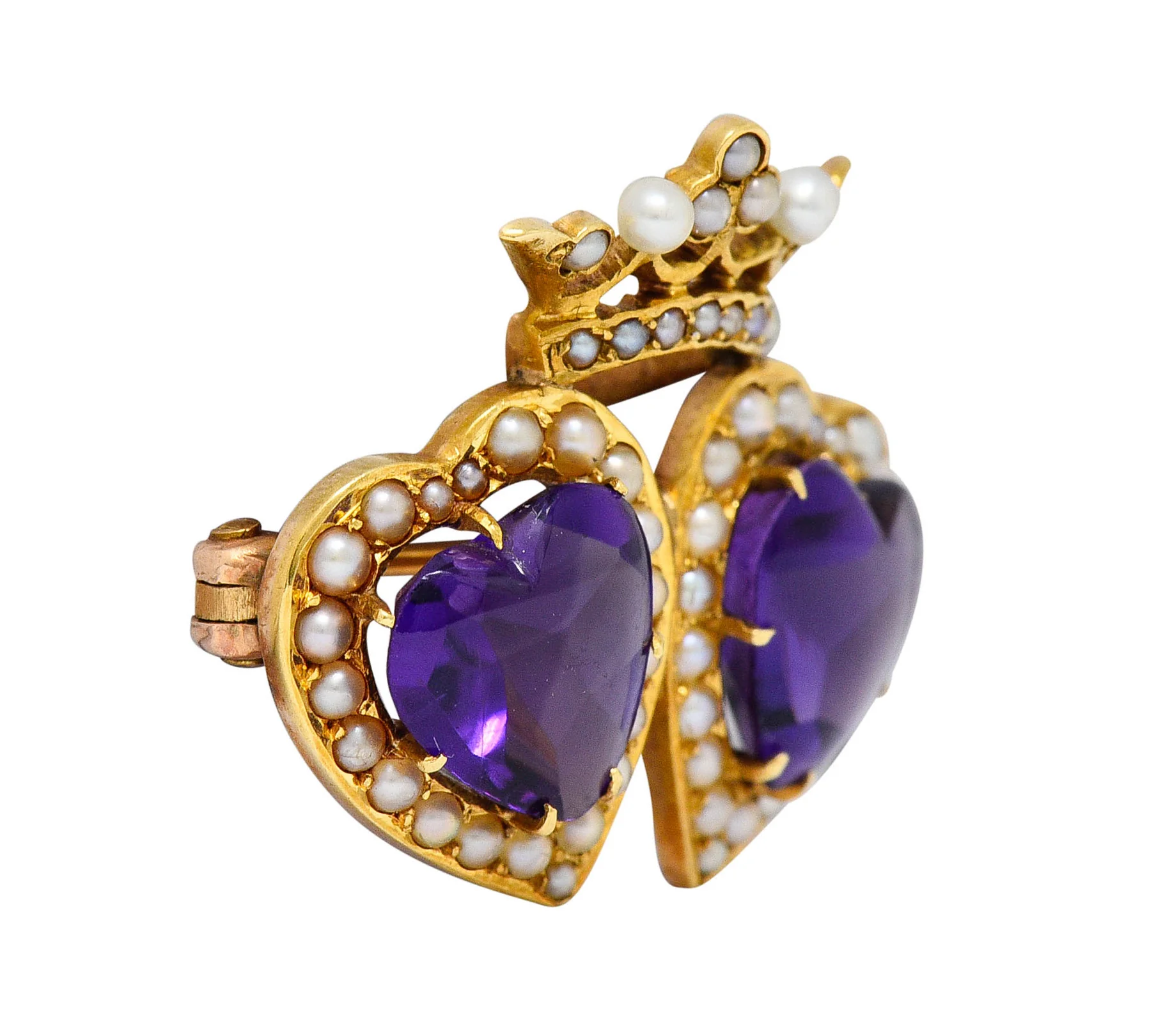 Krementz Amethyst Freshwater Natural Pearl 14 Karat Gold Double Heart Brooch - Image 2