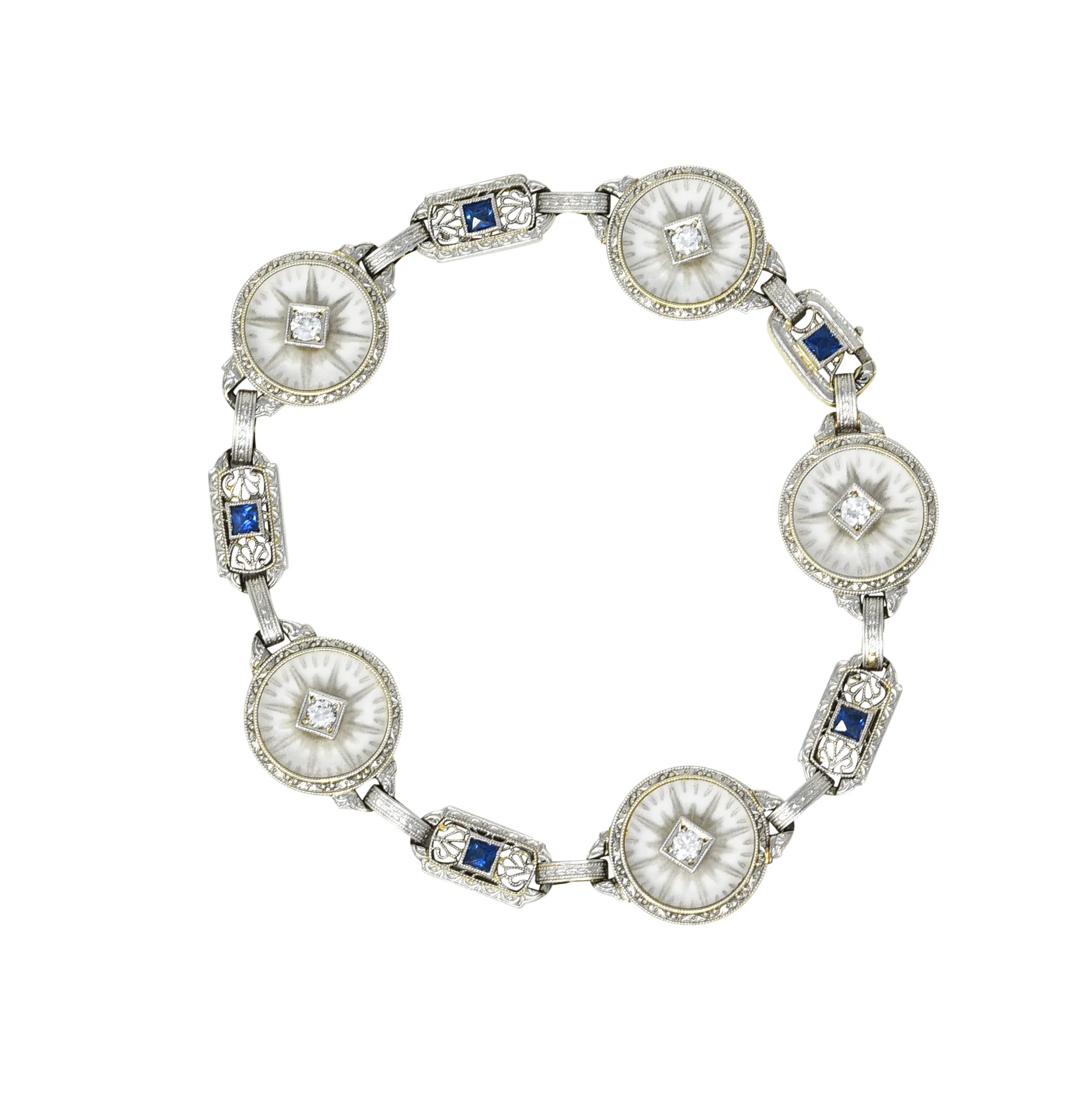 Krementz Art Deco 1.00 CTW Diamond Sapphire Camphor Glass Two-Tone 14 Karat Gold Link Bracelet - Image 2