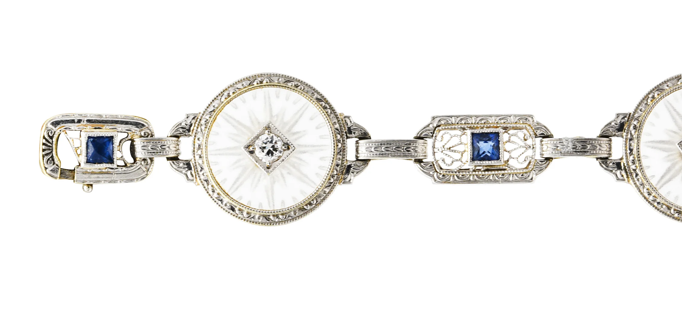 Krementz Art Deco 1.00 CTW Diamond Sapphire Camphor Glass Two-Tone 14 Karat Gold Link Bracelet - Image 3