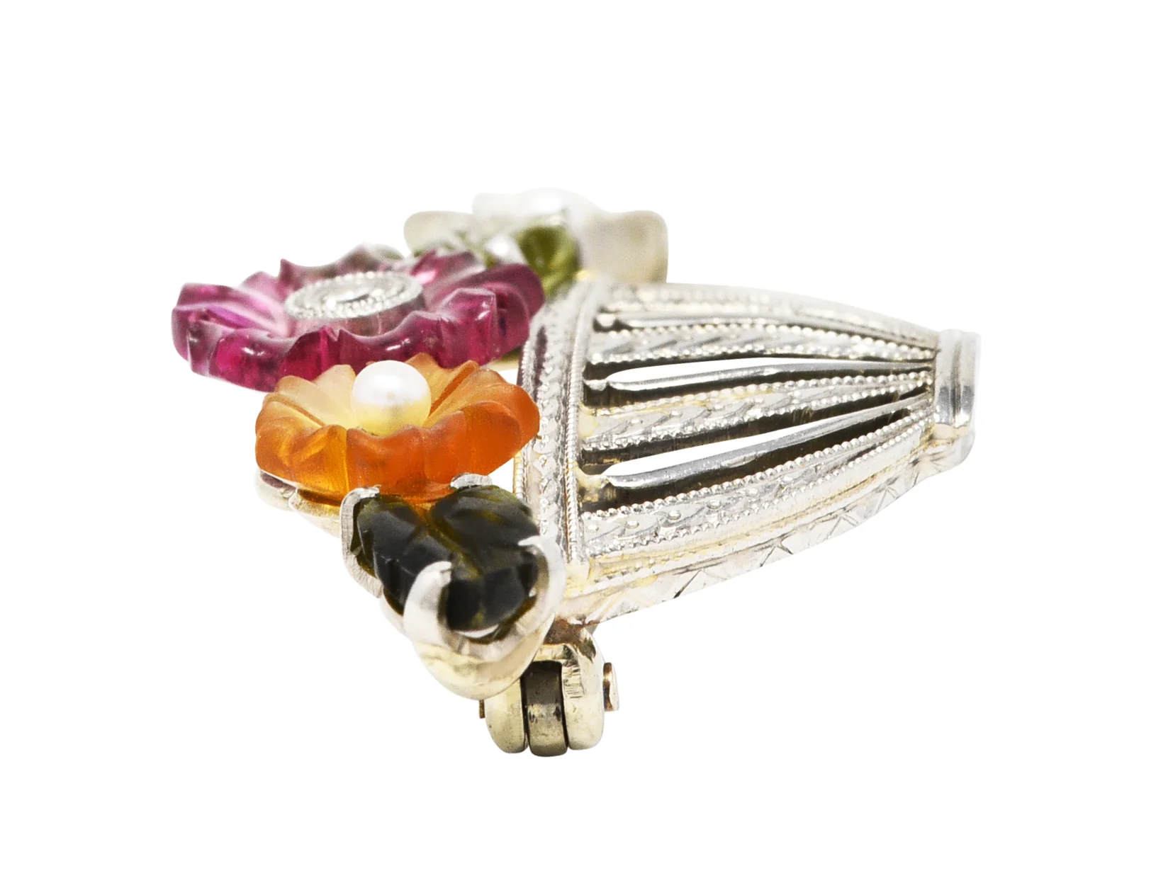 Krementz Art Deco Diamond Pearl Tourmaline Citrine Moonstone 14 Karat White Gold Giardinetto Brooch - Image 6