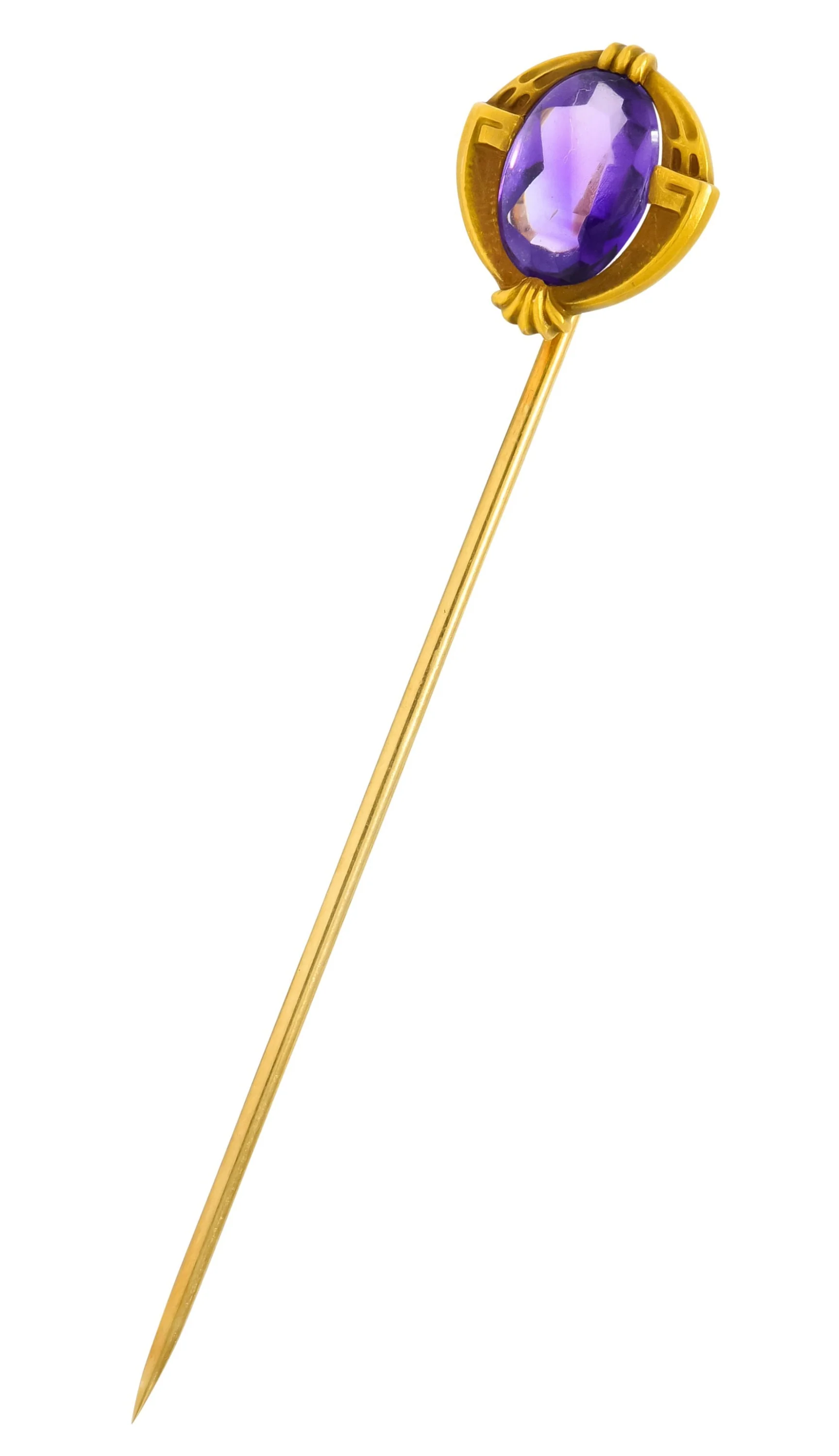 Krementz Art Nouveau Amethyst Cabochon 14 Karat Gold Geometric Stickpin - Image 2