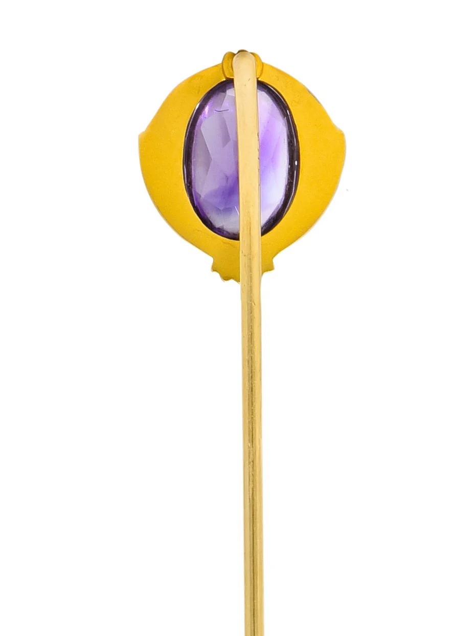 Krementz Art Nouveau Amethyst Cabochon 14 Karat Gold Geometric Stickpin - Image 4