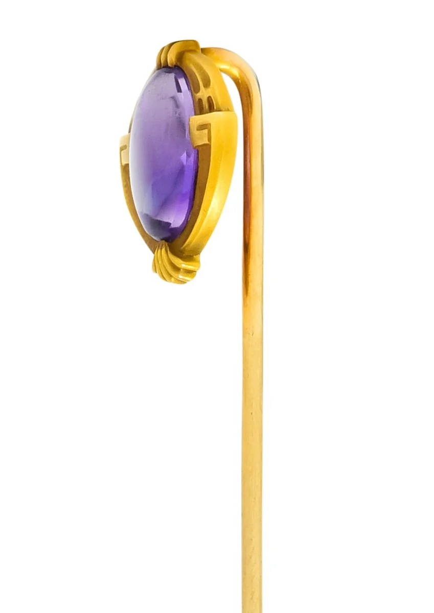 Krementz Art Nouveau Amethyst Cabochon 14 Karat Gold Geometric Stickpin - Image 5