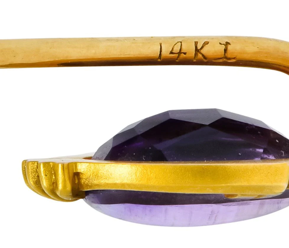 Krementz Art Nouveau Amethyst Cabochon 14 Karat Gold Geometric Stickpin - Image 6