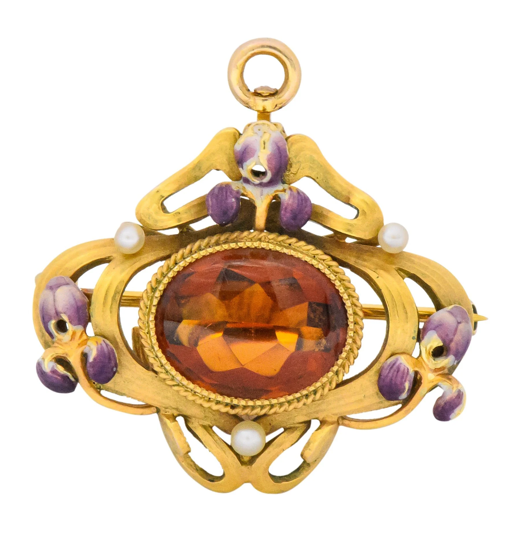 Krementz Art Nouveau Citrine Enamel Pearl 14 Karat Gold Pendant/Brooch - Image 2