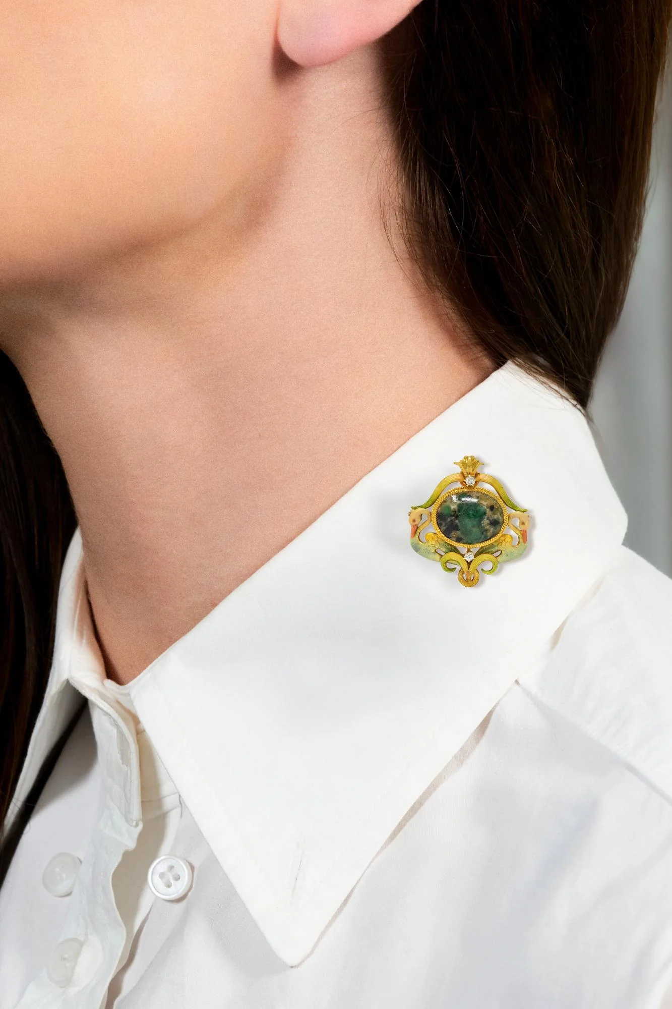 Krementz Art Nouveau Diamond Agate Enamel 14 Karat Yellow Gold Antique Swan Pendant Brooch - Image 2