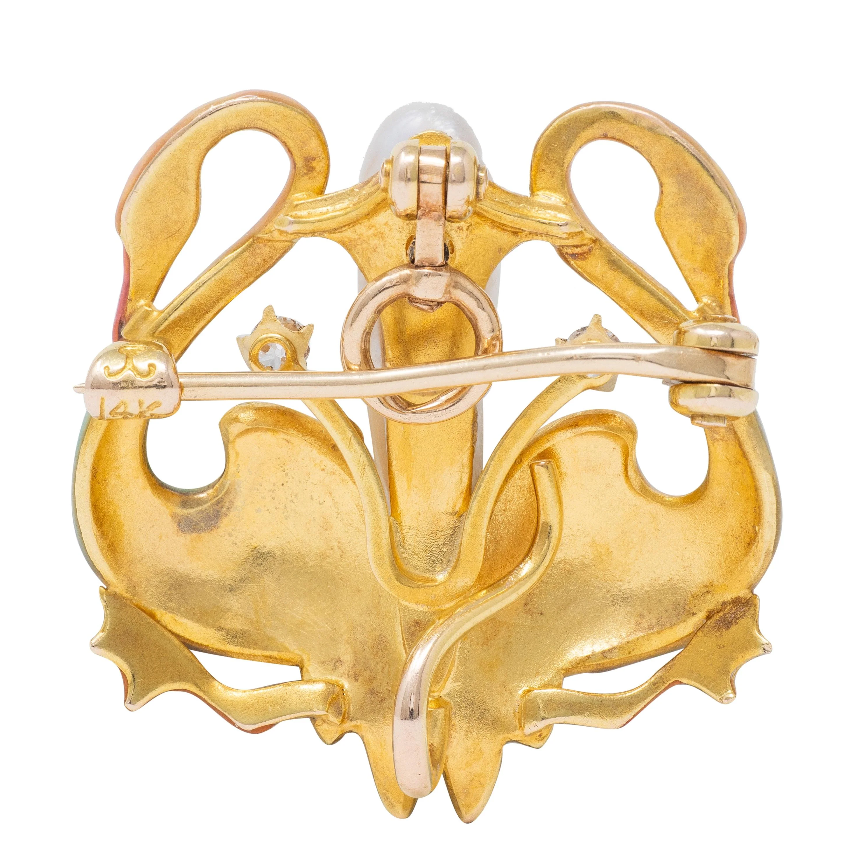 Krementz Art Nouveau Diamond Pearl Enamel 14 Karat Yellow Gold Antique Swan Pendant Brooch - Image 6