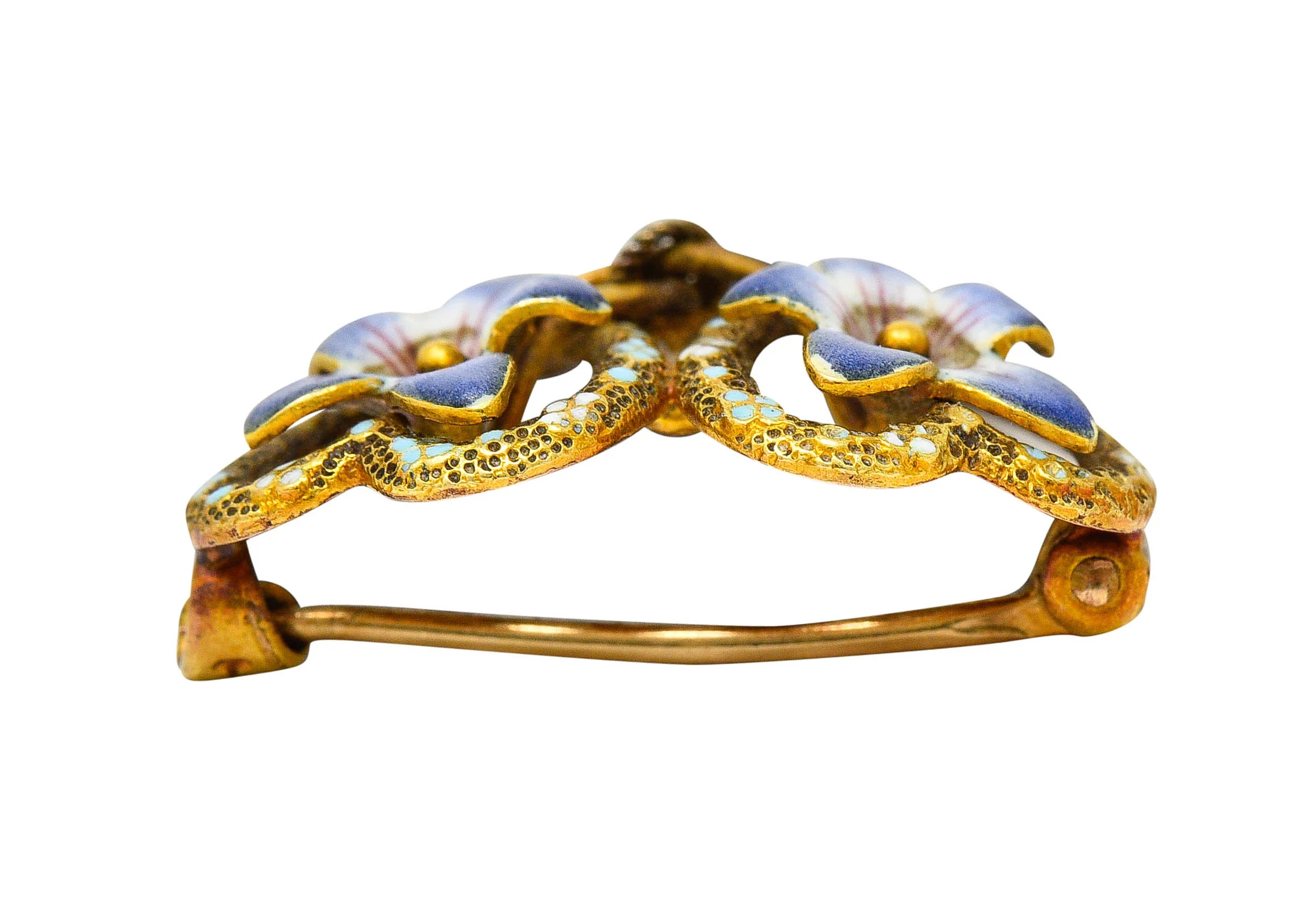 Krementz Art Nouveau Enamel 14 Karat Gold Double Floral Heart Brooch - Image 6