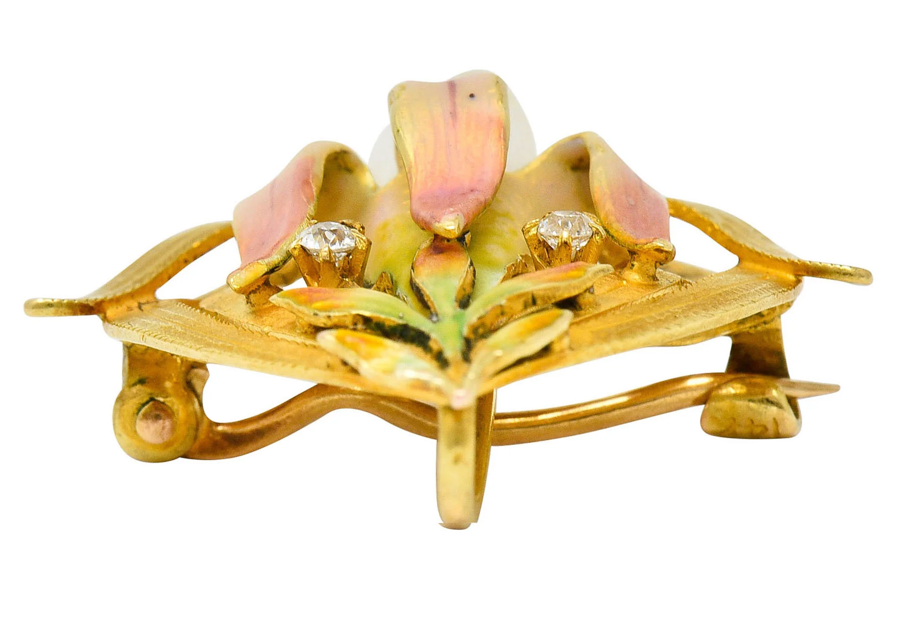 Krementz Art Nouveau Enamel Pearl 14 Karat Gold Water Lily Flower Pendant Brooch - Image 10