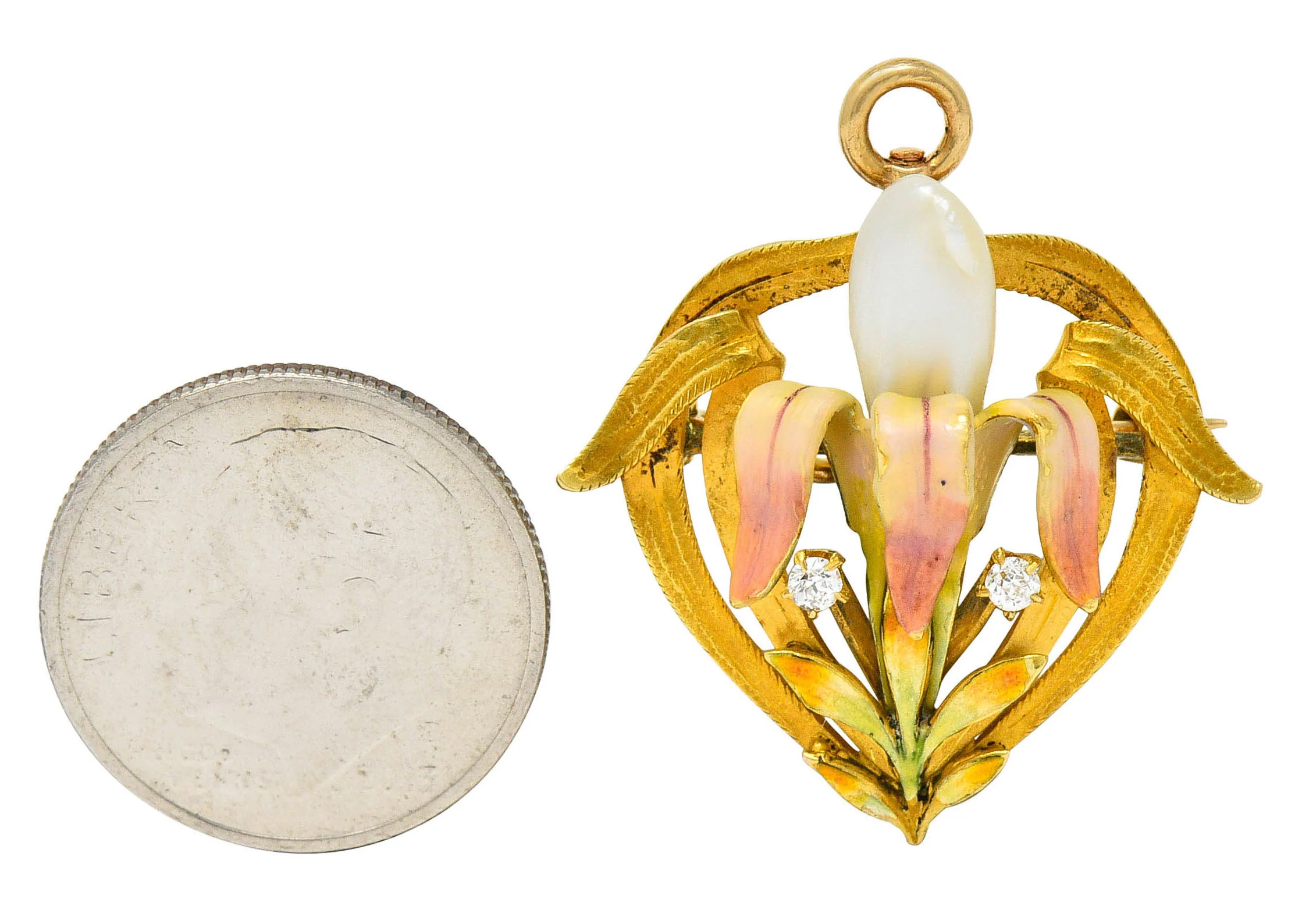 Krementz Art Nouveau Enamel Pearl 14 Karat Gold Water Lily Flower Pendant Brooch - Image 11