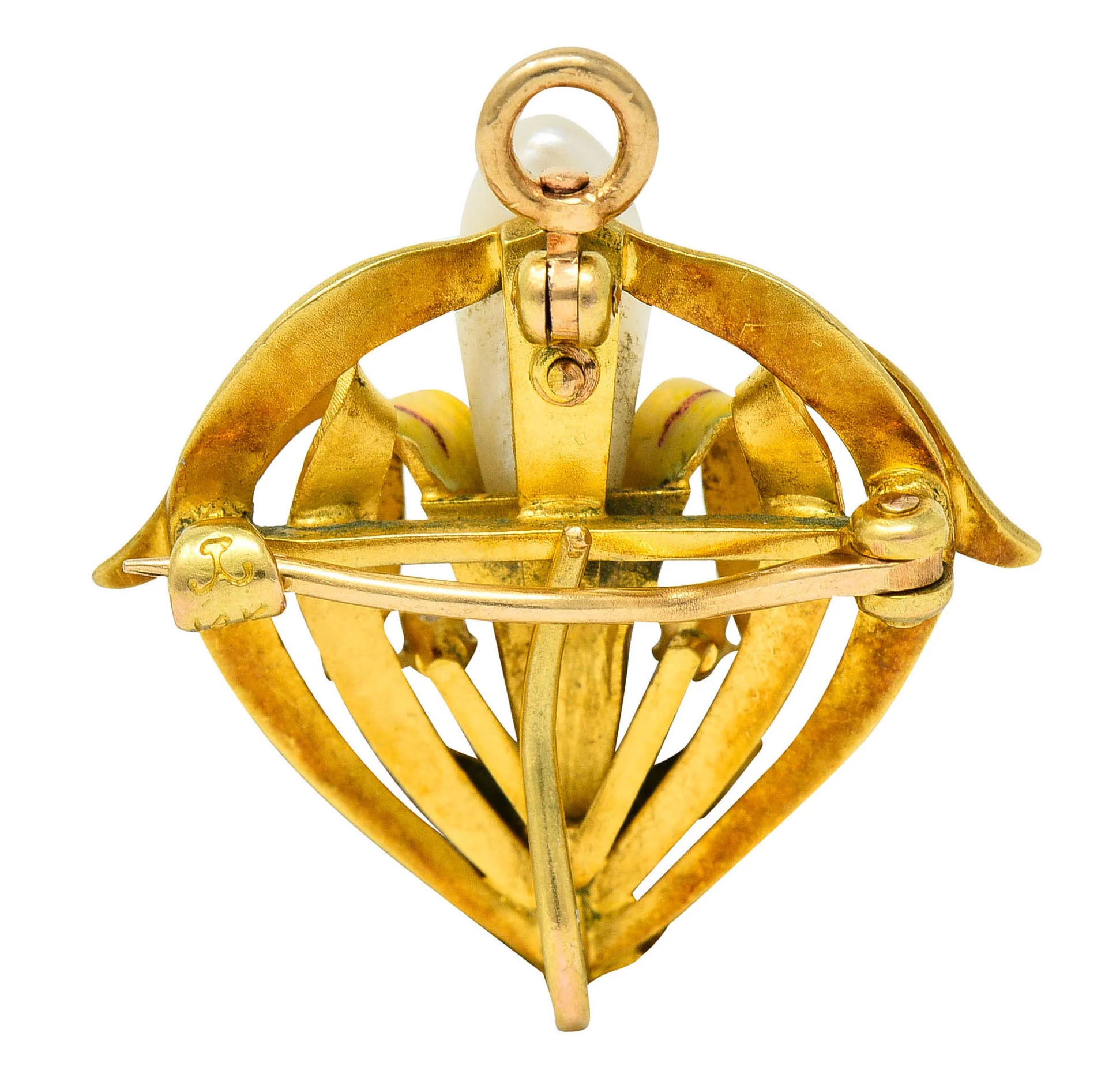 Krementz Art Nouveau Enamel Pearl 14 Karat Gold Water Lily Flower Pendant Brooch - Image 3