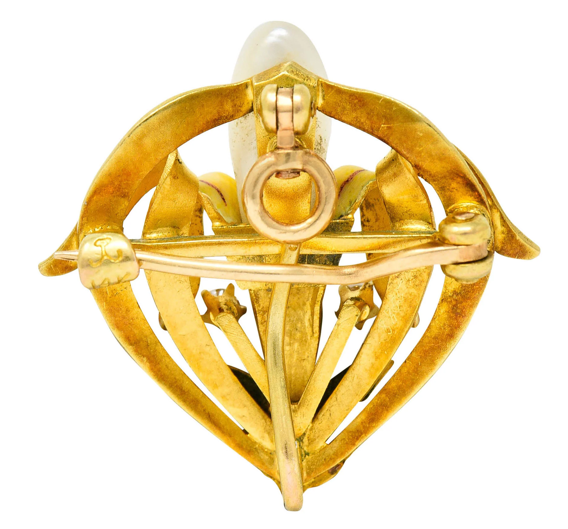 Krementz Art Nouveau Enamel Pearl 14 Karat Gold Water Lily Flower Pendant Brooch - Image 4