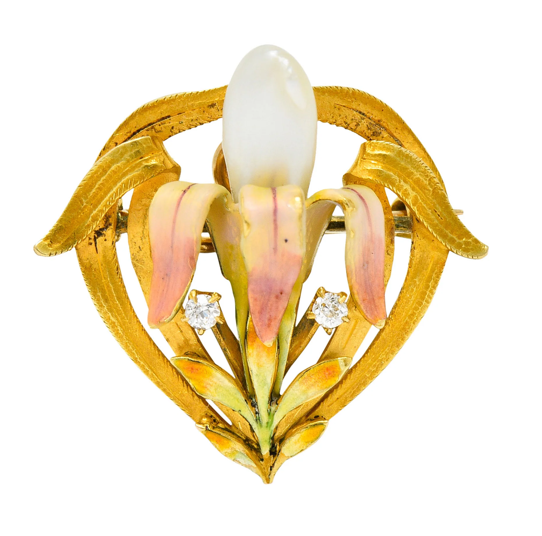 Krementz Art Nouveau Enamel Pearl 14 Karat Gold Water Lily Flower Pendant Brooch - Image 5