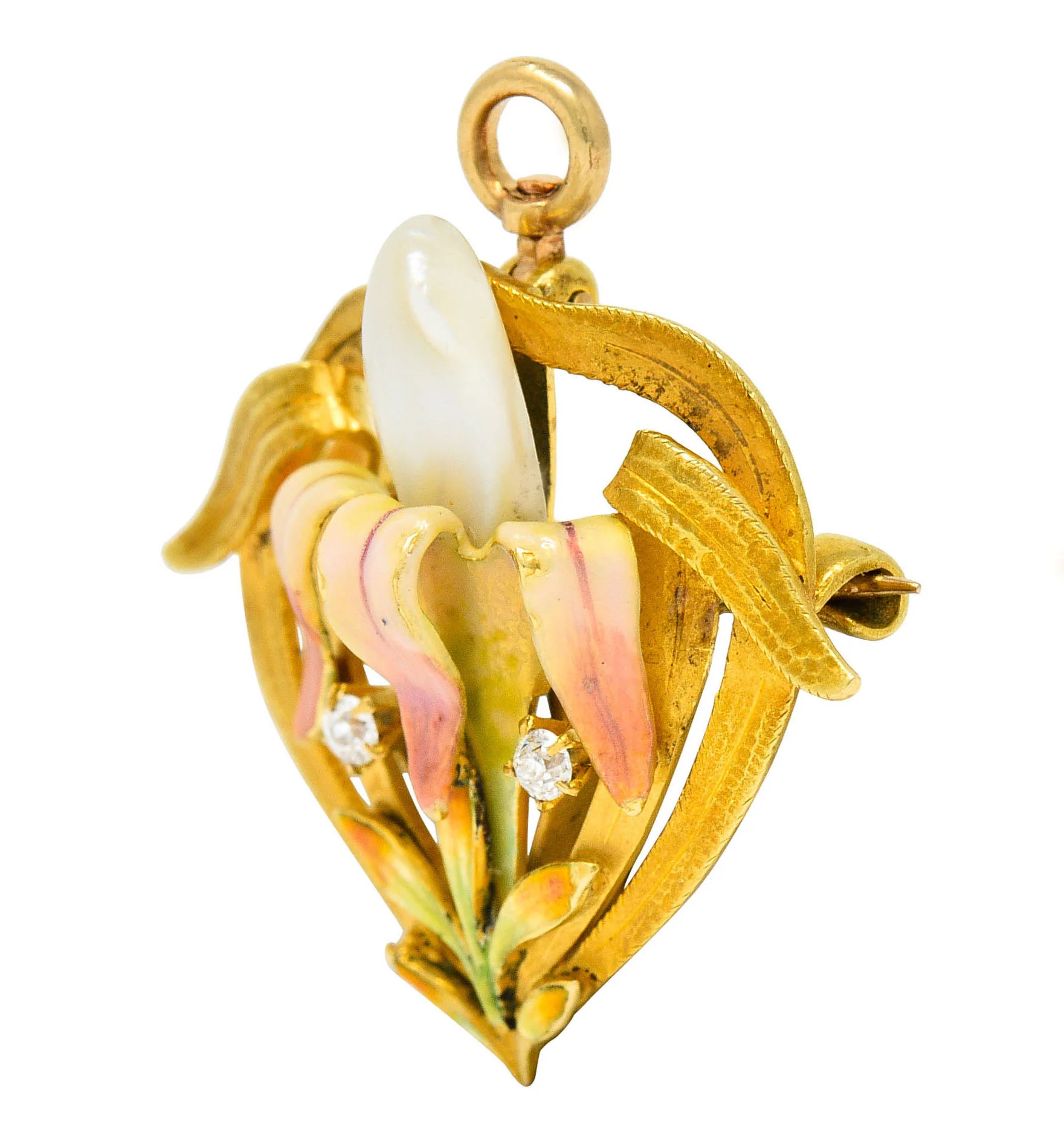 Krementz Art Nouveau Enamel Pearl 14 Karat Gold Water Lily Flower Pendant Brooch - Image 6